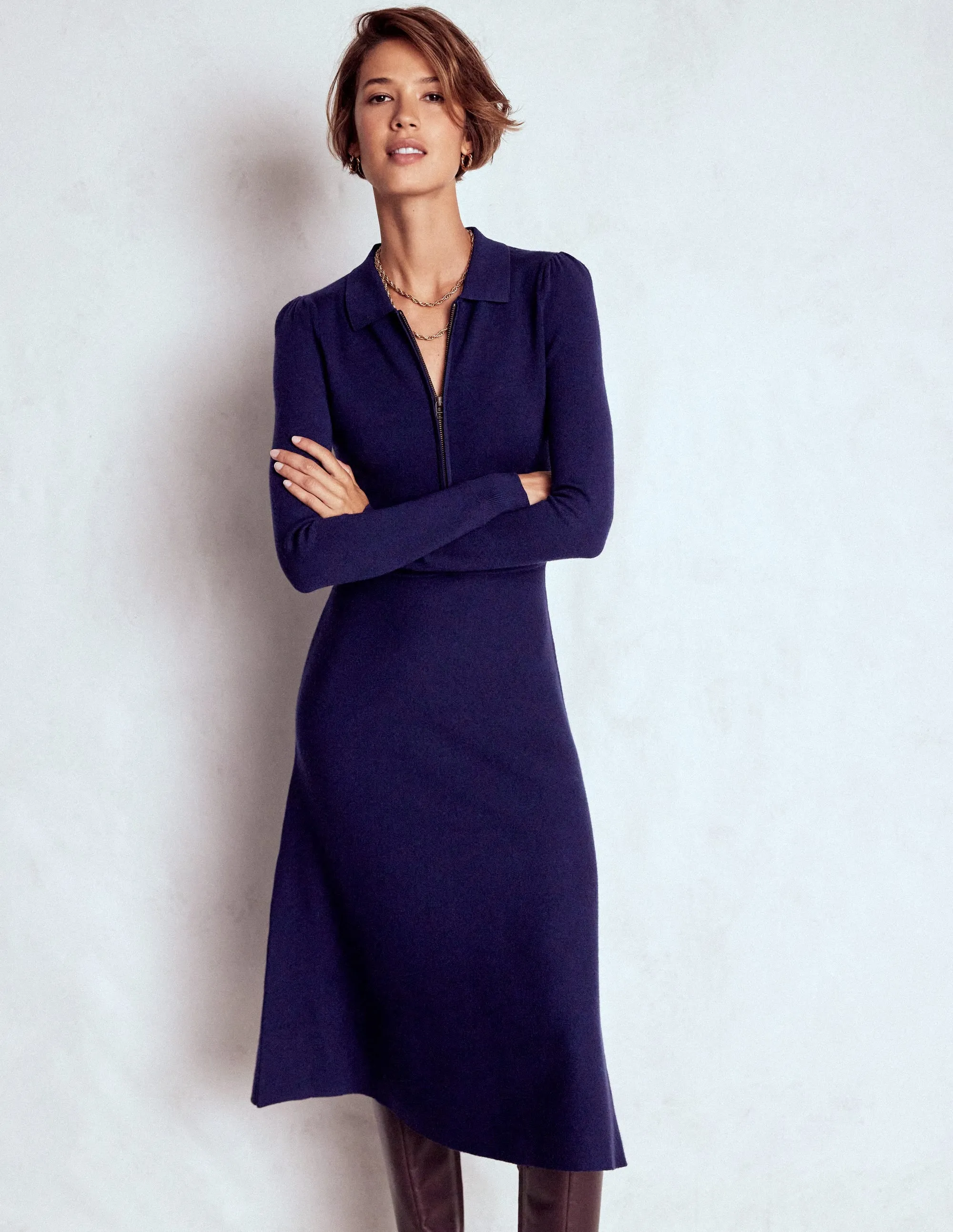 Shore Time Fall Layer Fiona Zip Front Knitted Dress-Navy