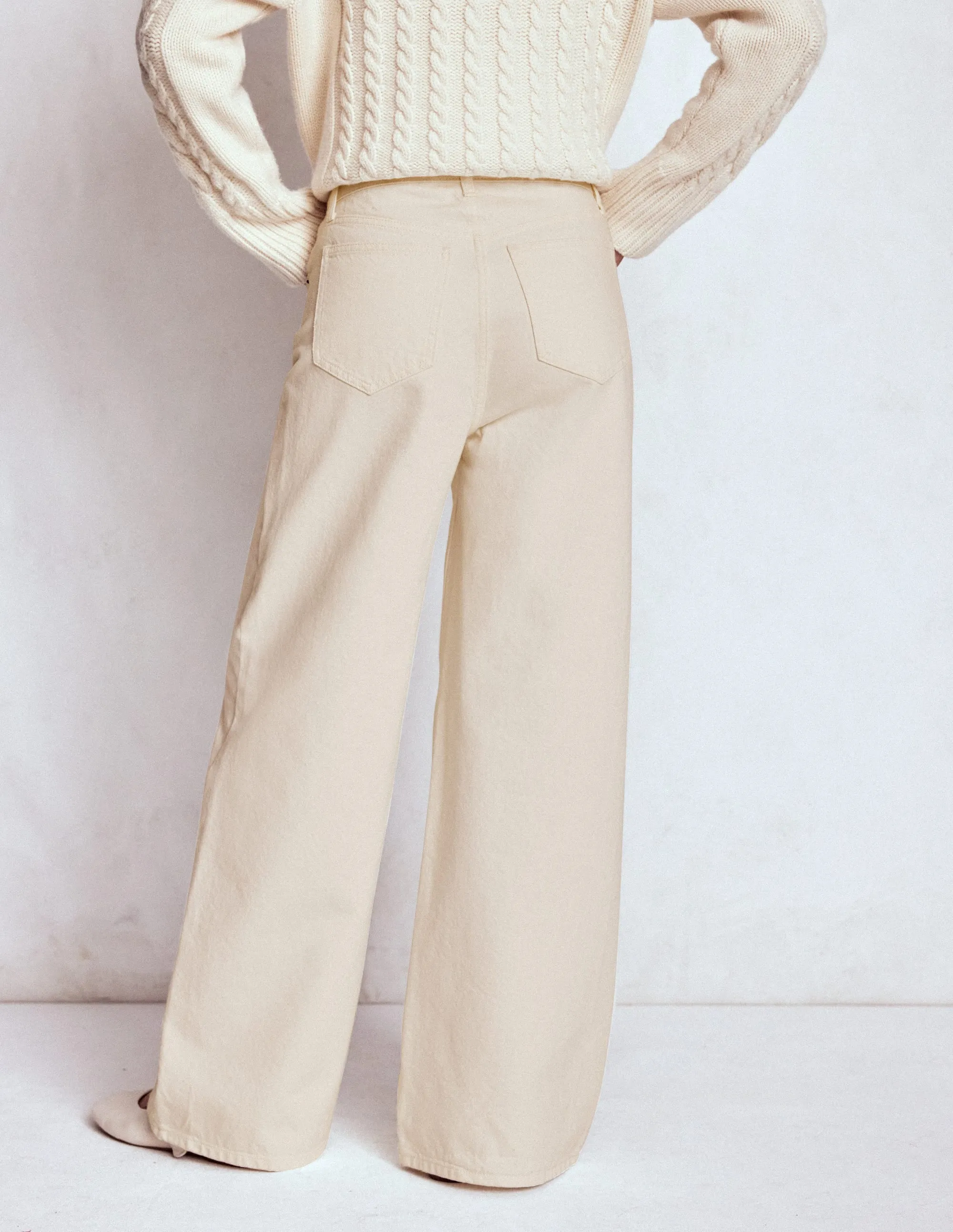 High Waist Wide Leg  Jeans-Ecru Softened Denim Material Outdoor Adventure Stylish