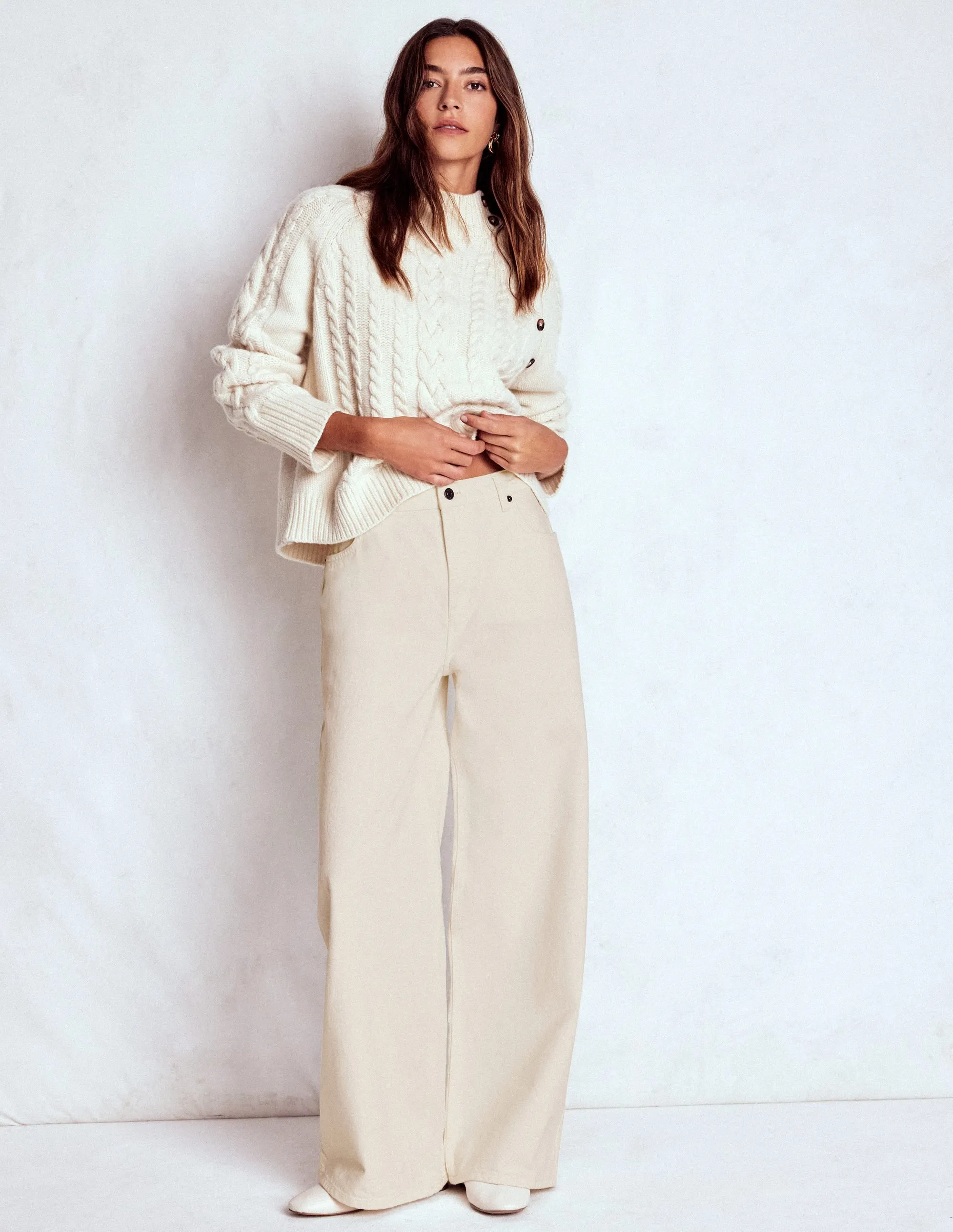 High Waist Wide Leg  Jeans-Ecru Everyday Basic Minimalist Adult Fashion