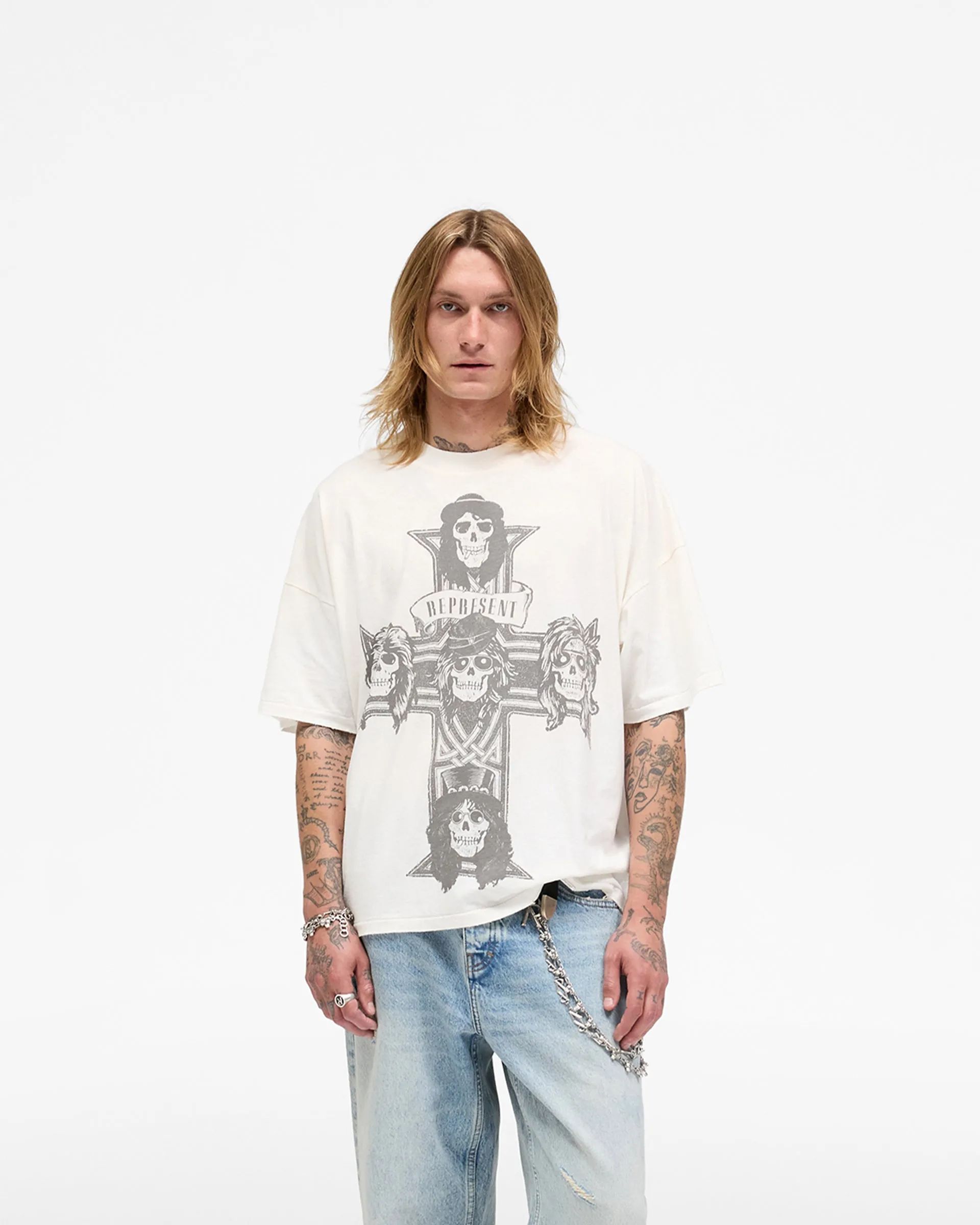 Chilly Comfort Wear Long Lasting Color Represent X Guns N' Roses Cross T-Shirt - Washed Ecru