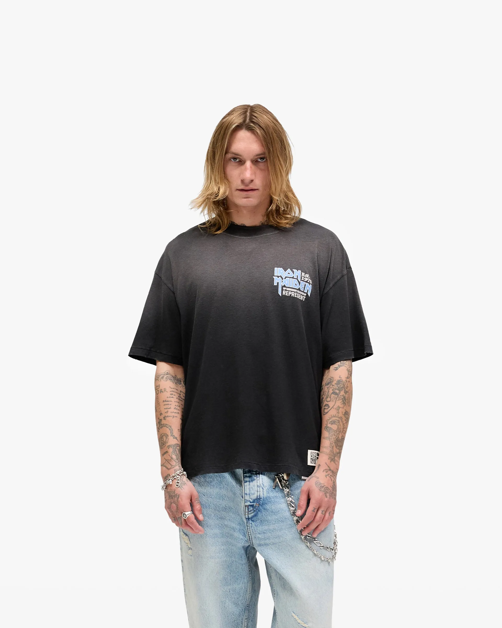 Represent X Iron Maiden Anniversary T-Shirt - Stained Black Modern Twist Stretch Material