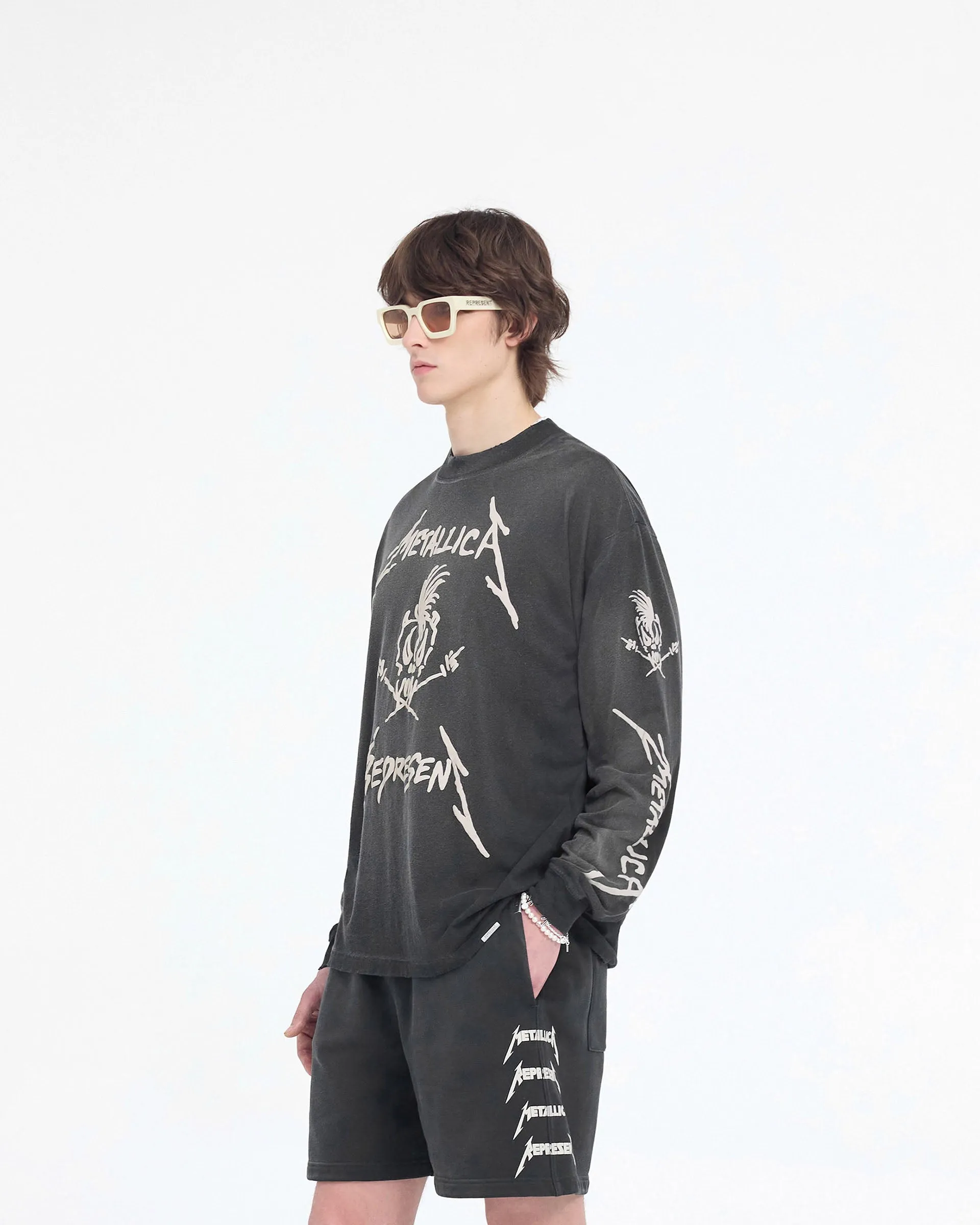 Lightweight Weave DoubleLayeredCollar Represent X Metallica Garage Inc Long Sleeve T-Shirt - Stained Black