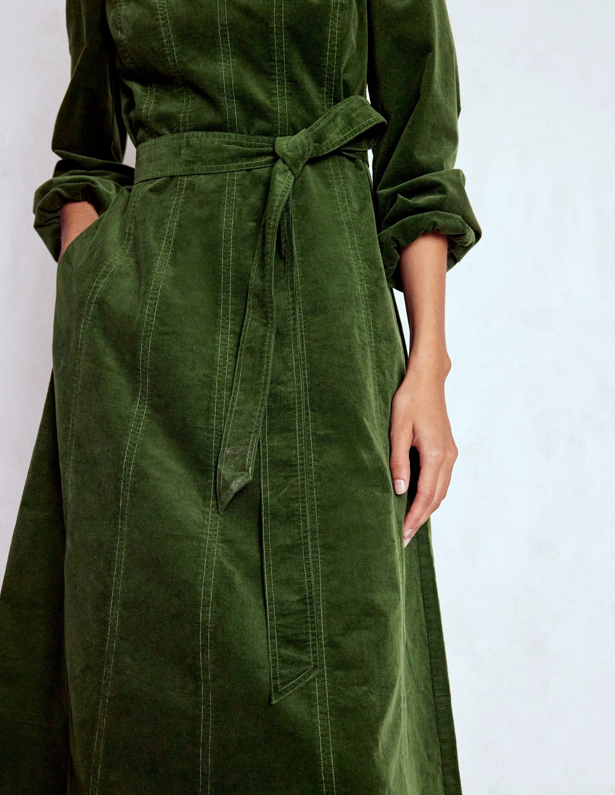 Ros Panelled Cord Midi Dress-Green Fir Smart Waistband Fit