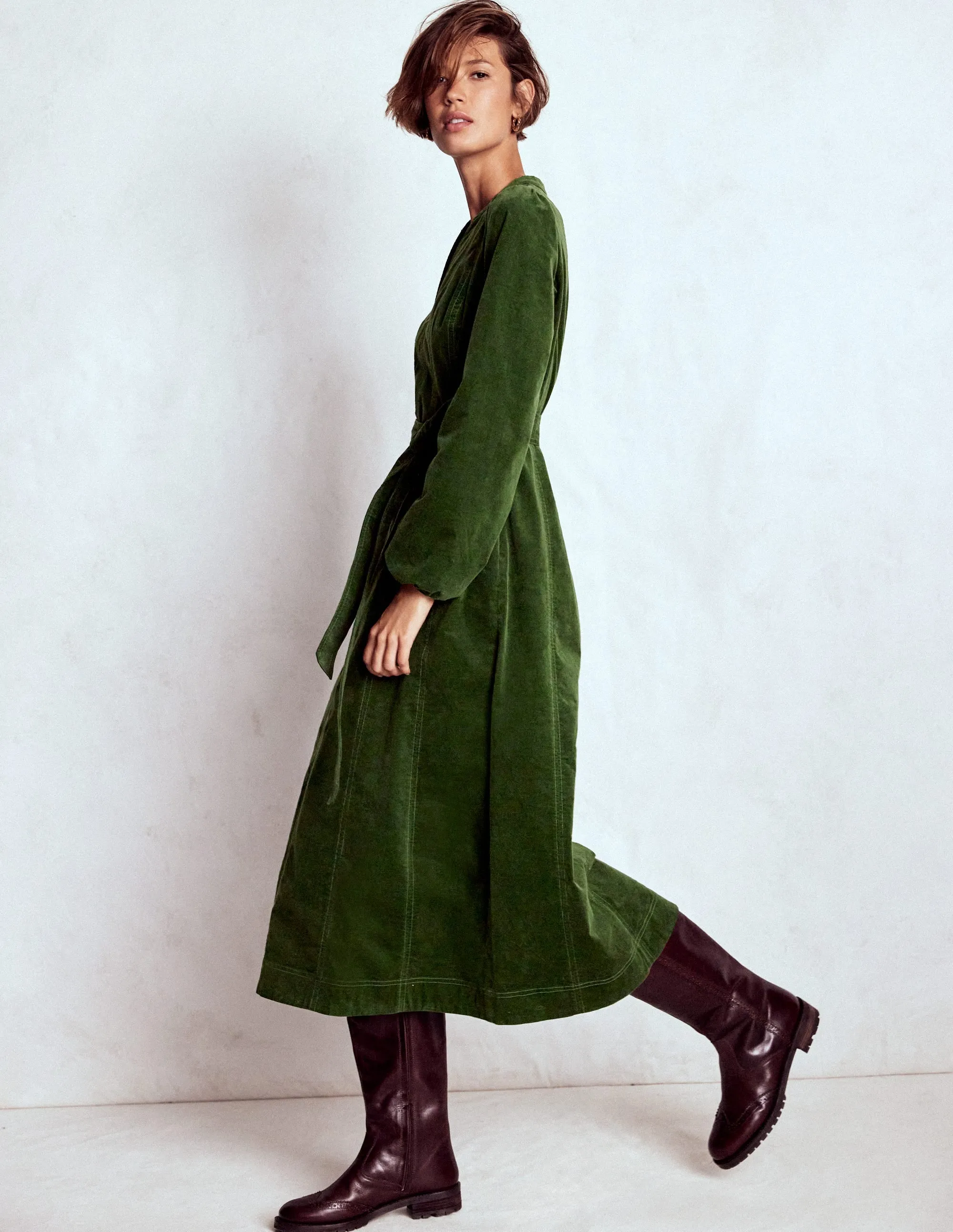 Ros Panelled Cord Midi Dress-Green Fir Simple Mood Relaxed and Effortless