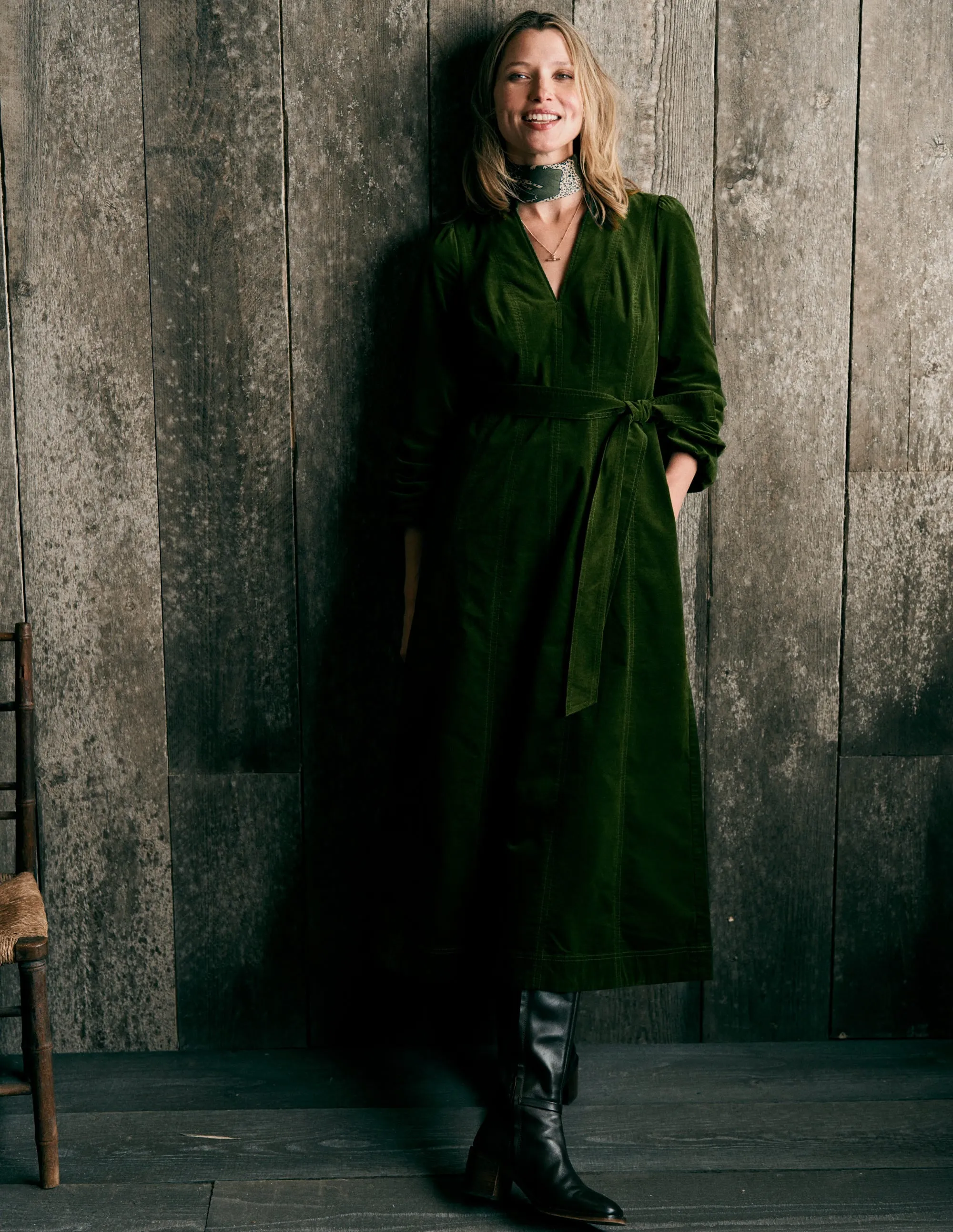 Ros Panelled Cord Midi Dress-Green Fir Lightweight Wear Theater-Night