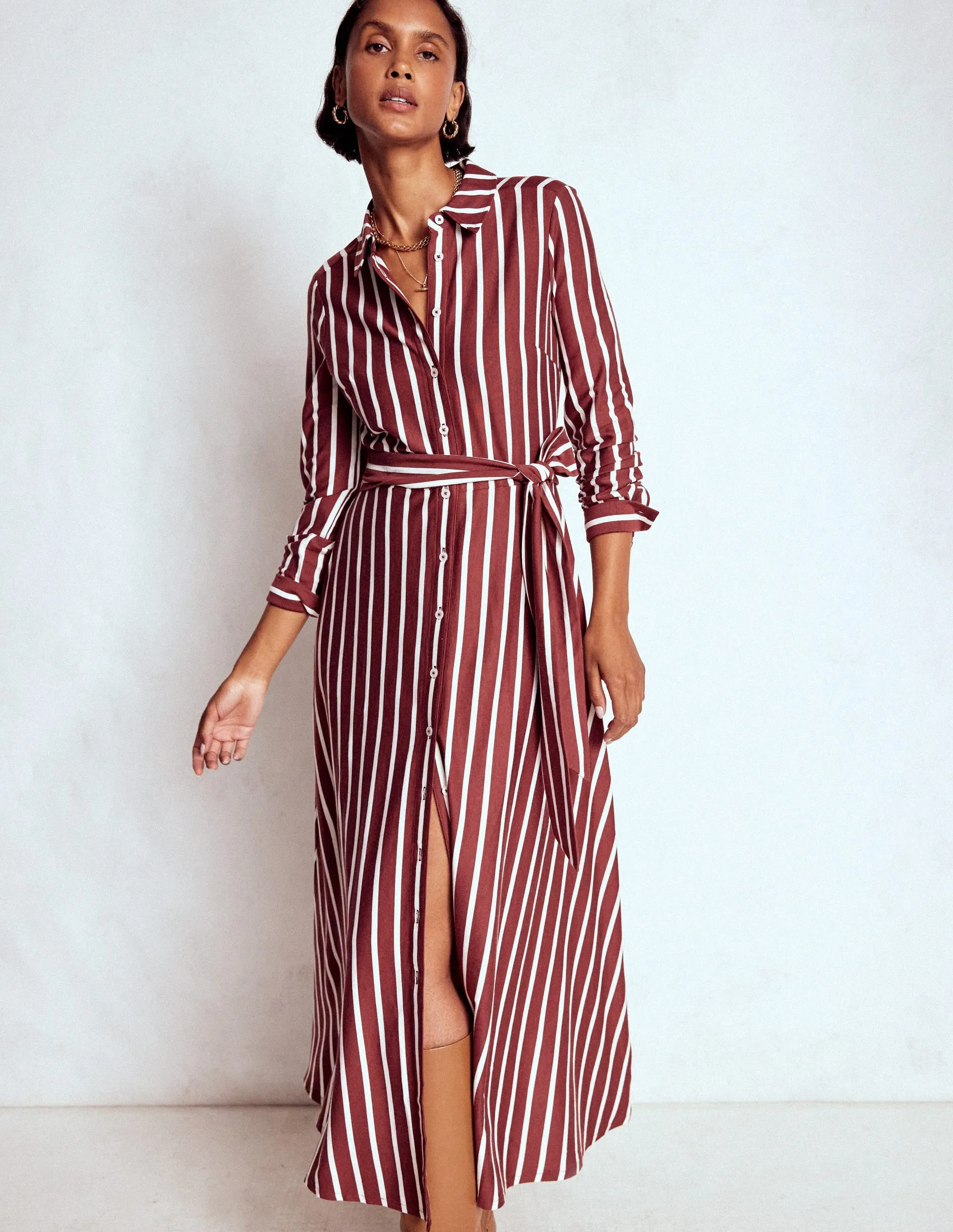 Marcia Jersey Shirt Dress-Chestnut and Ivory Stripe Lightweight-Layer