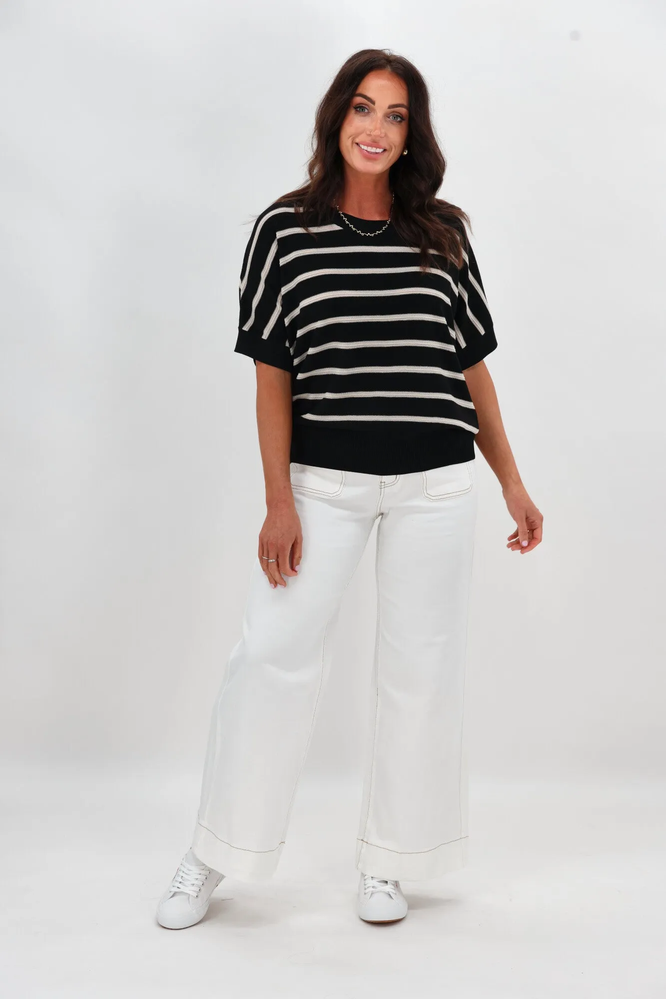 Winter Hoodie Cozy Wear Shine On Label Julie Batwing Top Black Natural Stripe