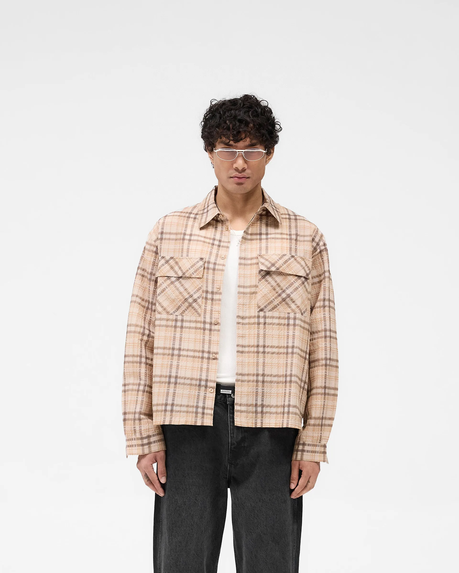 Ergonomic Back Panel Chilly Weather Wear Sheer Flannel Shirt - Brown Check