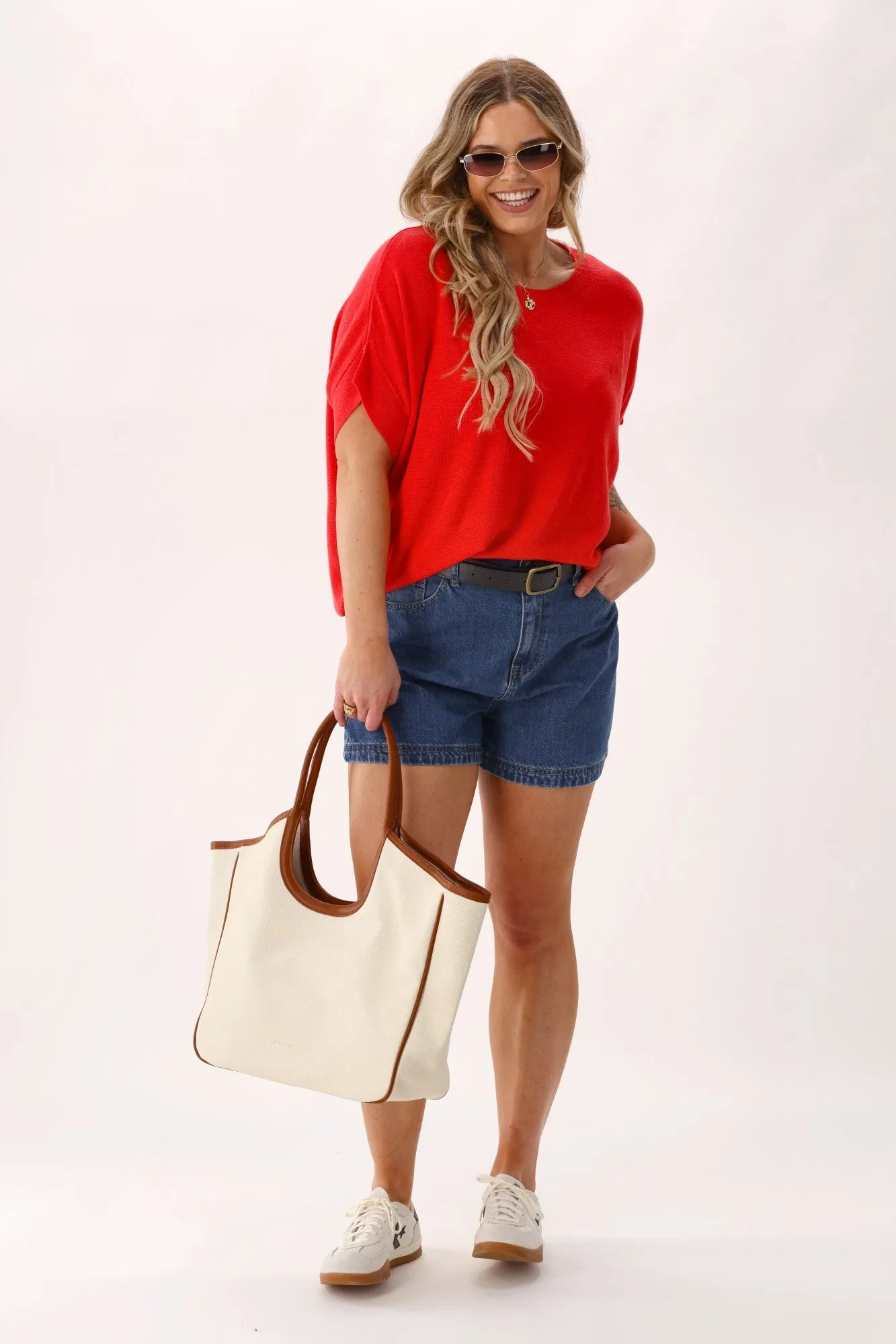 Drop Shoulder Cut Simple Pullover Shine On Label Blaise Slouchy Knit Coral