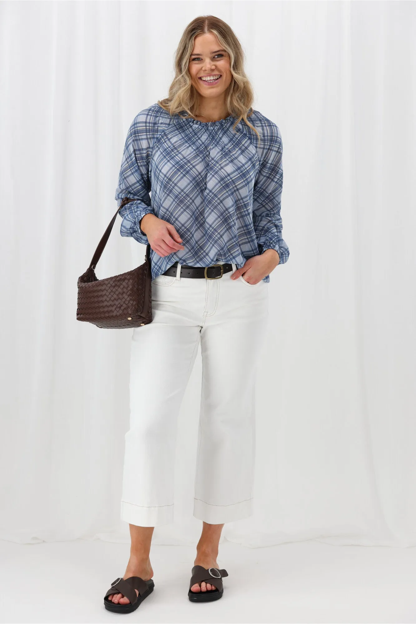 Breathable Hoodie Shine On Label Carlisle Shirred Top Blue Check