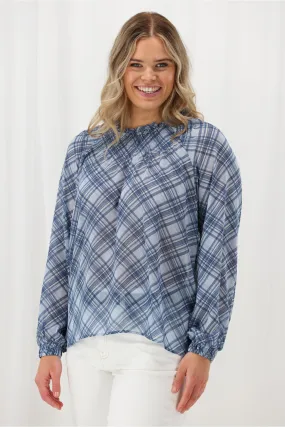 Shine On Label Carlisle Shirred Top Blue Check Stain Resistant Treatment Fashionable Tank