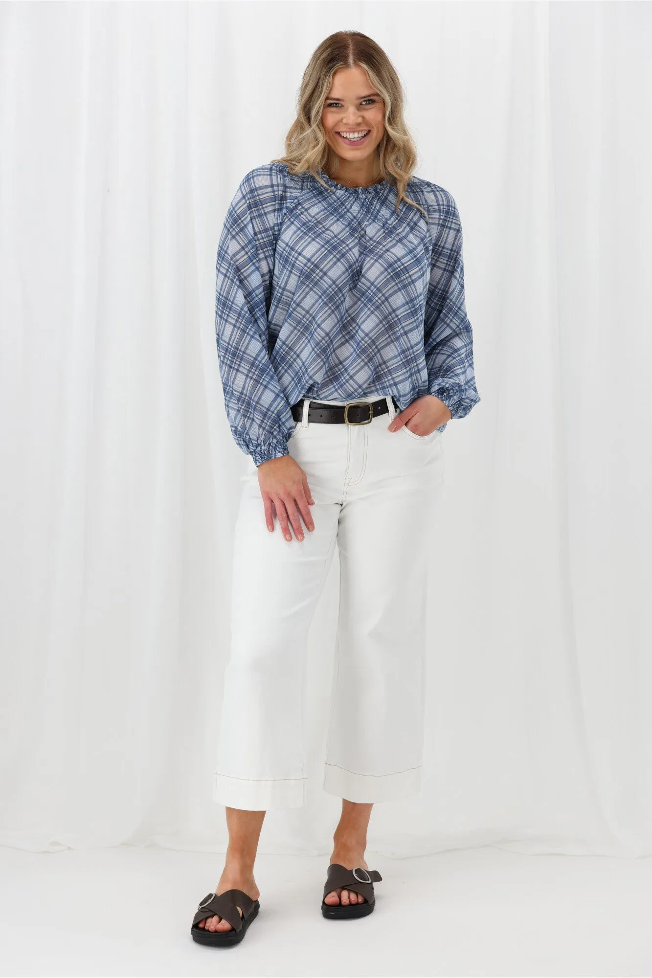 Shine On Label Carlisle Shirred Top Blue Check Unstructured Fit