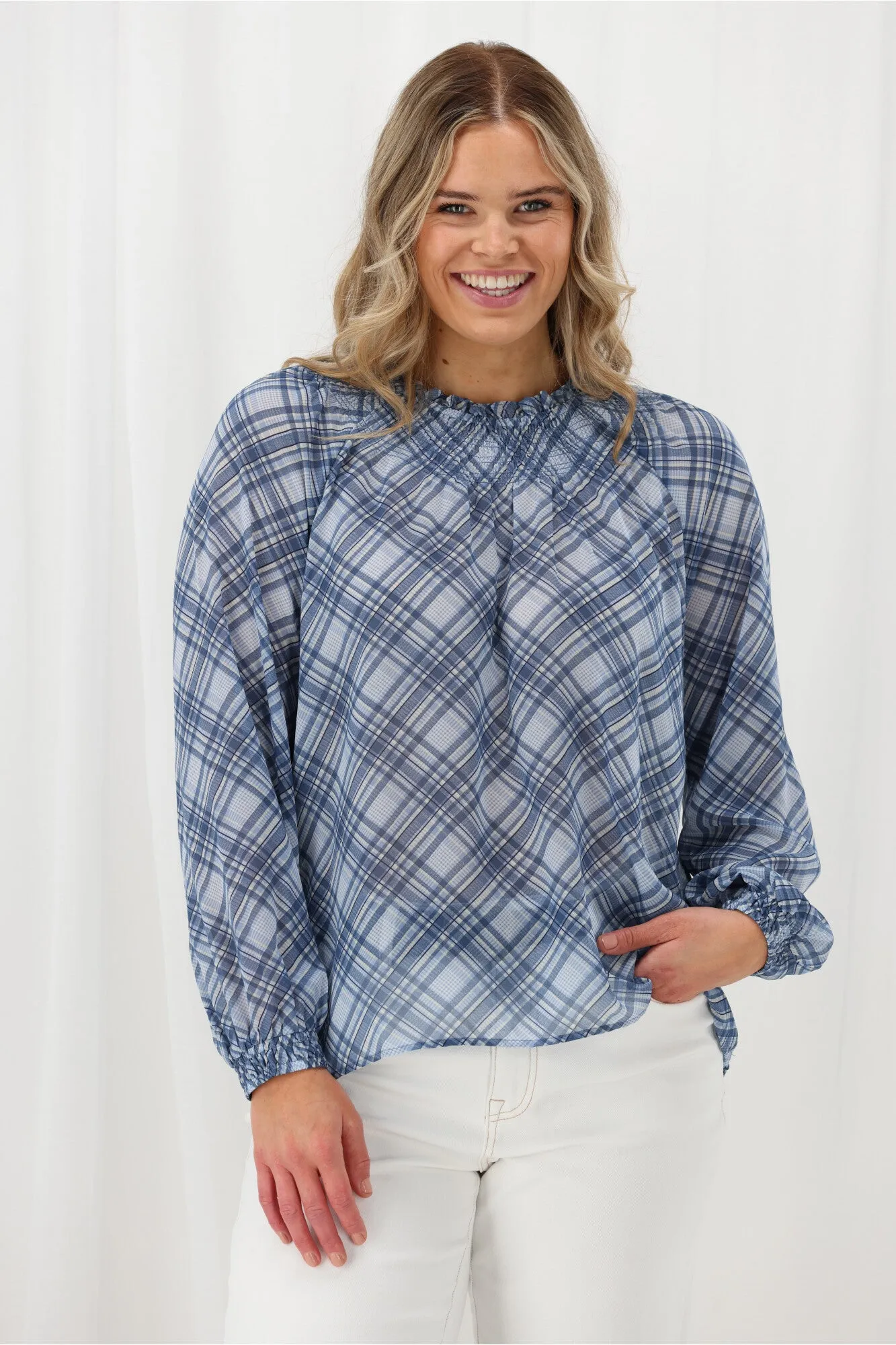 Shine On Label Carlisle Shirred Top Blue Check Ultrasoft Inner Lining Bold Patterns