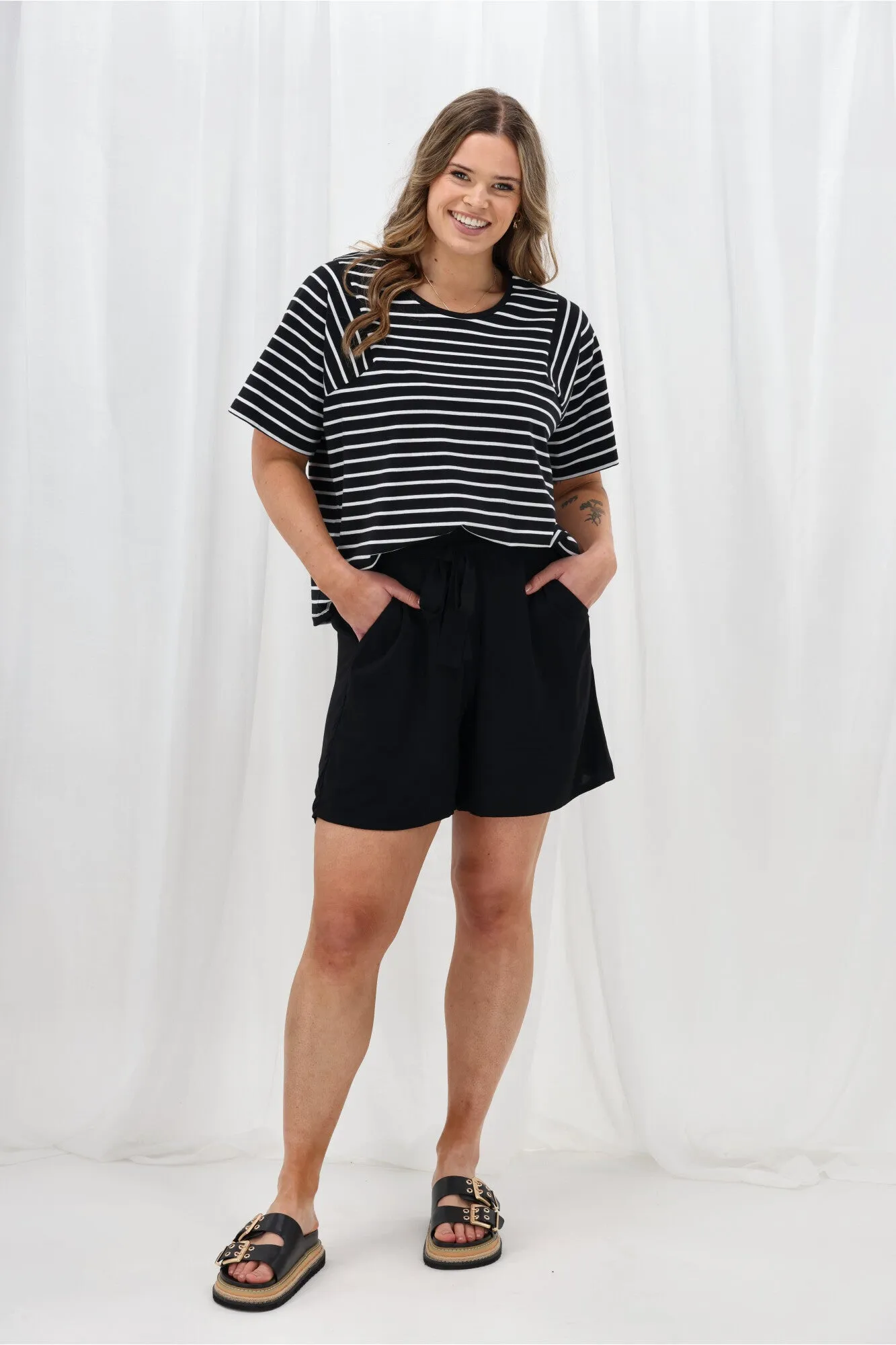 Shine On Label Ray Angled Yoke Top Black White Stripe HeatPressedLogos Antibacterial