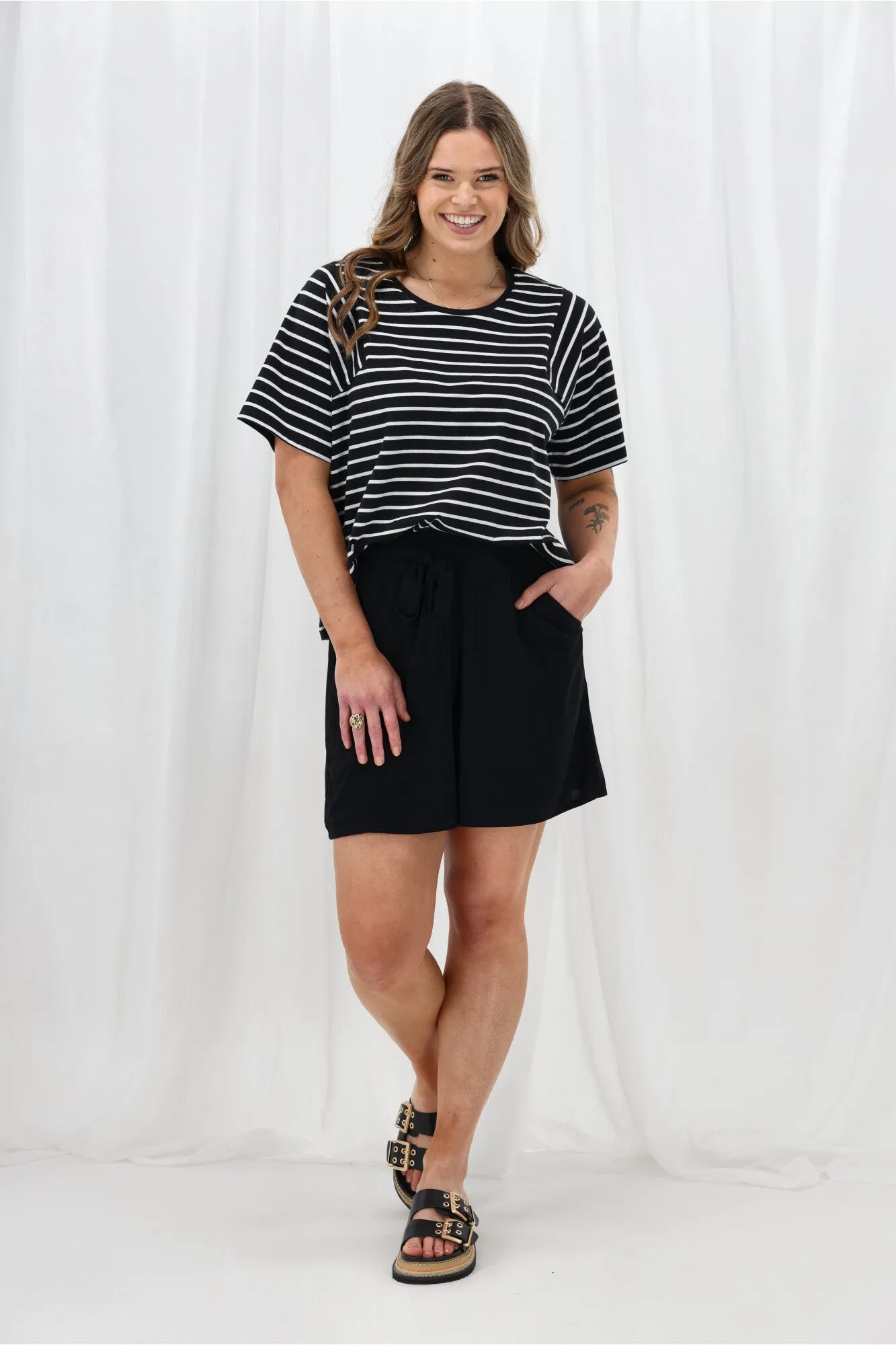 Layered Hem Detailing Retro design Shine On Label Ray Angled Yoke Top Black White Stripe