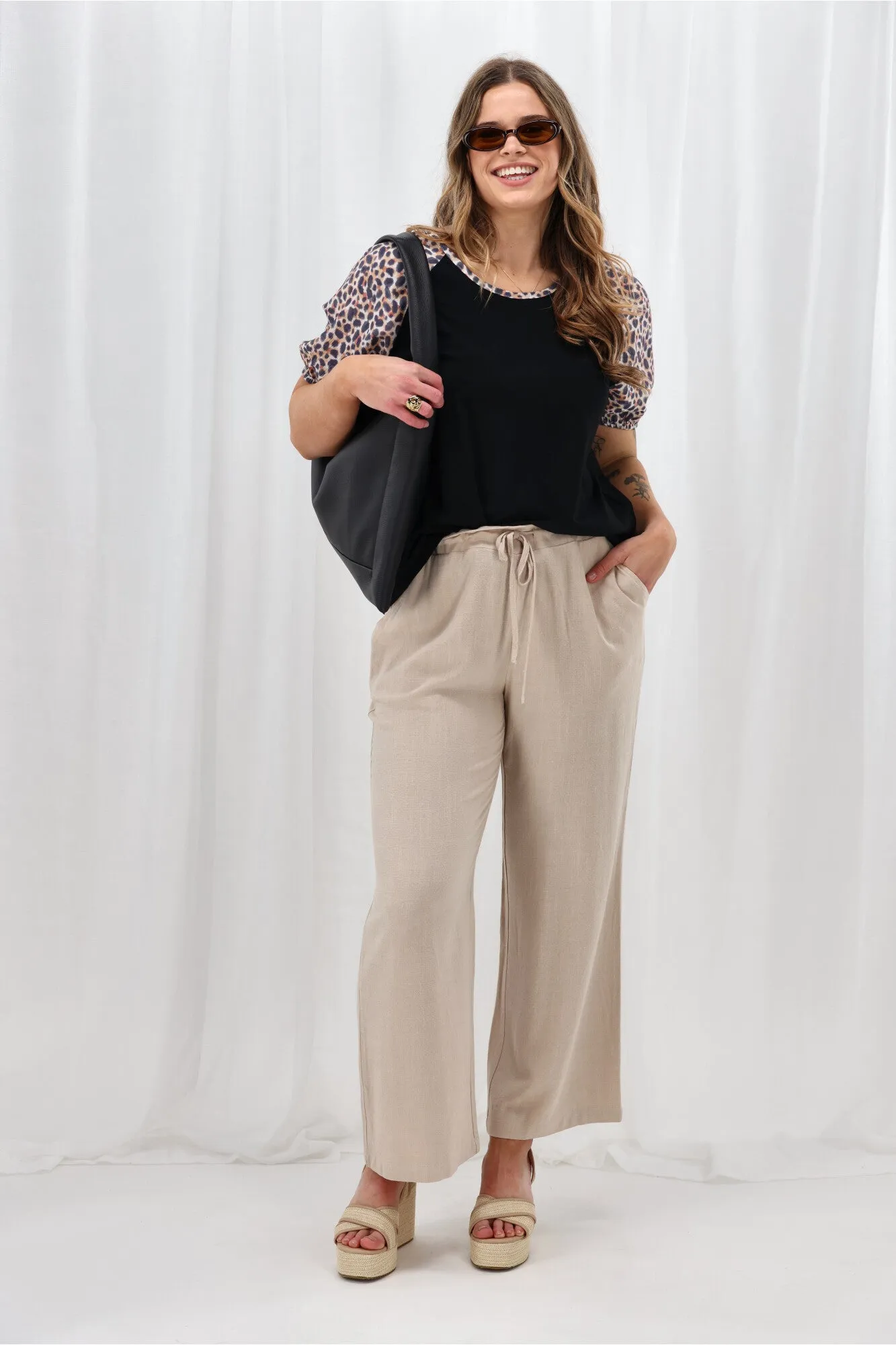 Shine On Label Sariah Animal Print Sleeve Top Black Flexible Hemline Casual Long Sleeve