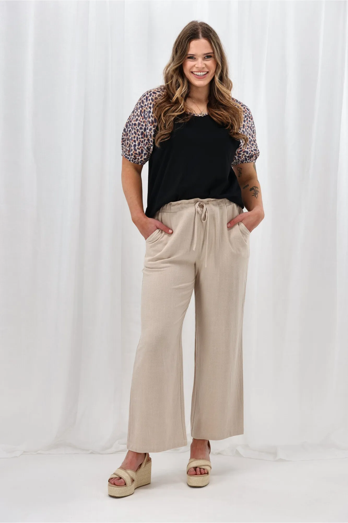 Shine On Label Sariah Animal Print Sleeve Top Black LightweightConstruction MicrofiberTech