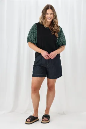 Shine On Label Sheyena Woven Sleeve Top Black w Green Floral Adjustable Hem Toggles Tear Resistant Fiber Blend