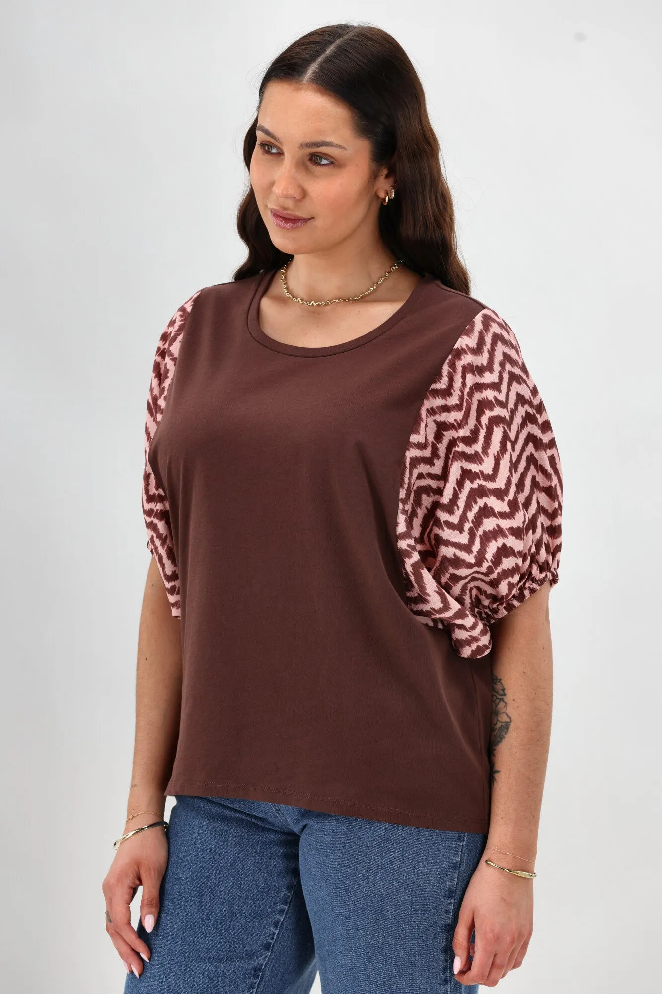 Shine On Label Sheyena Woven Sleeve Top Zig Zag Print HighCollar Design ReflectiveAccents