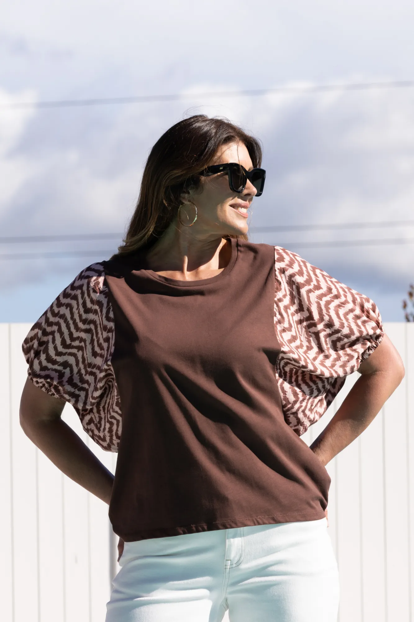 Shine On Label Sheyena Woven Sleeve Top Zig Zag Print Durable Reinforced Elbows