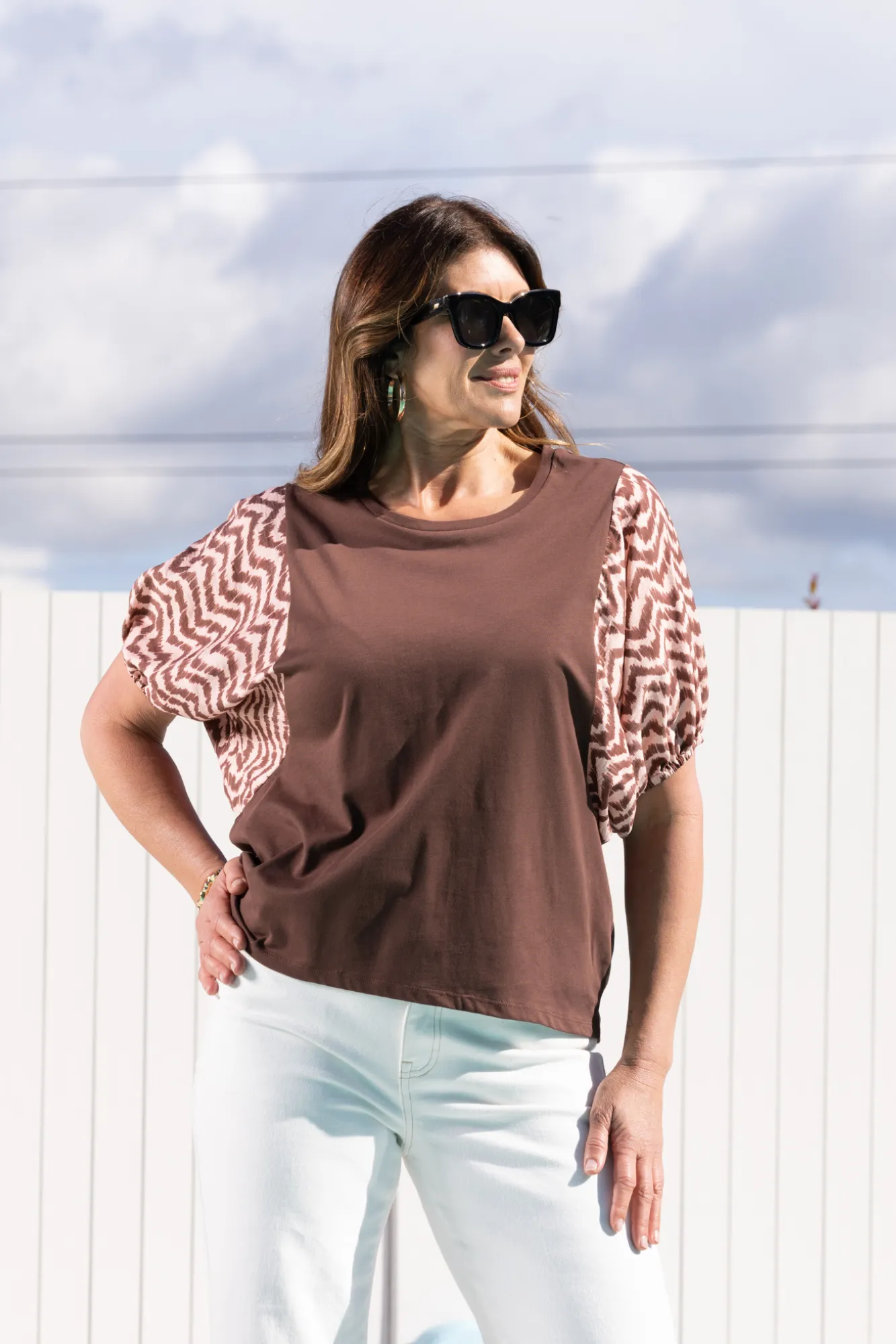 Shine On Label Sheyena Woven Sleeve Top Zig Zag Print Water Repellent Finish