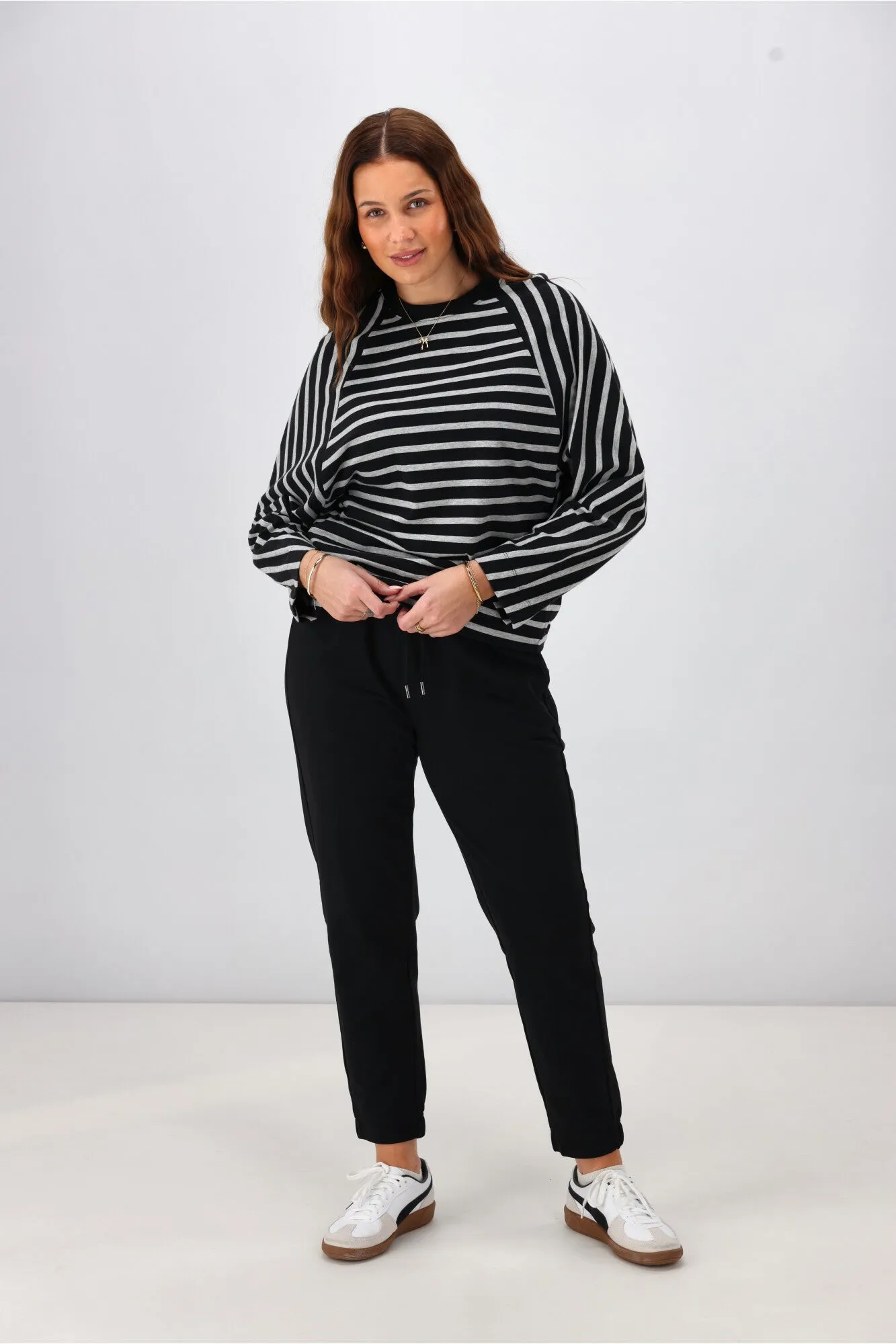 Shine On Label Tyra Stripe Raglan Top Black Grey StretchComfort