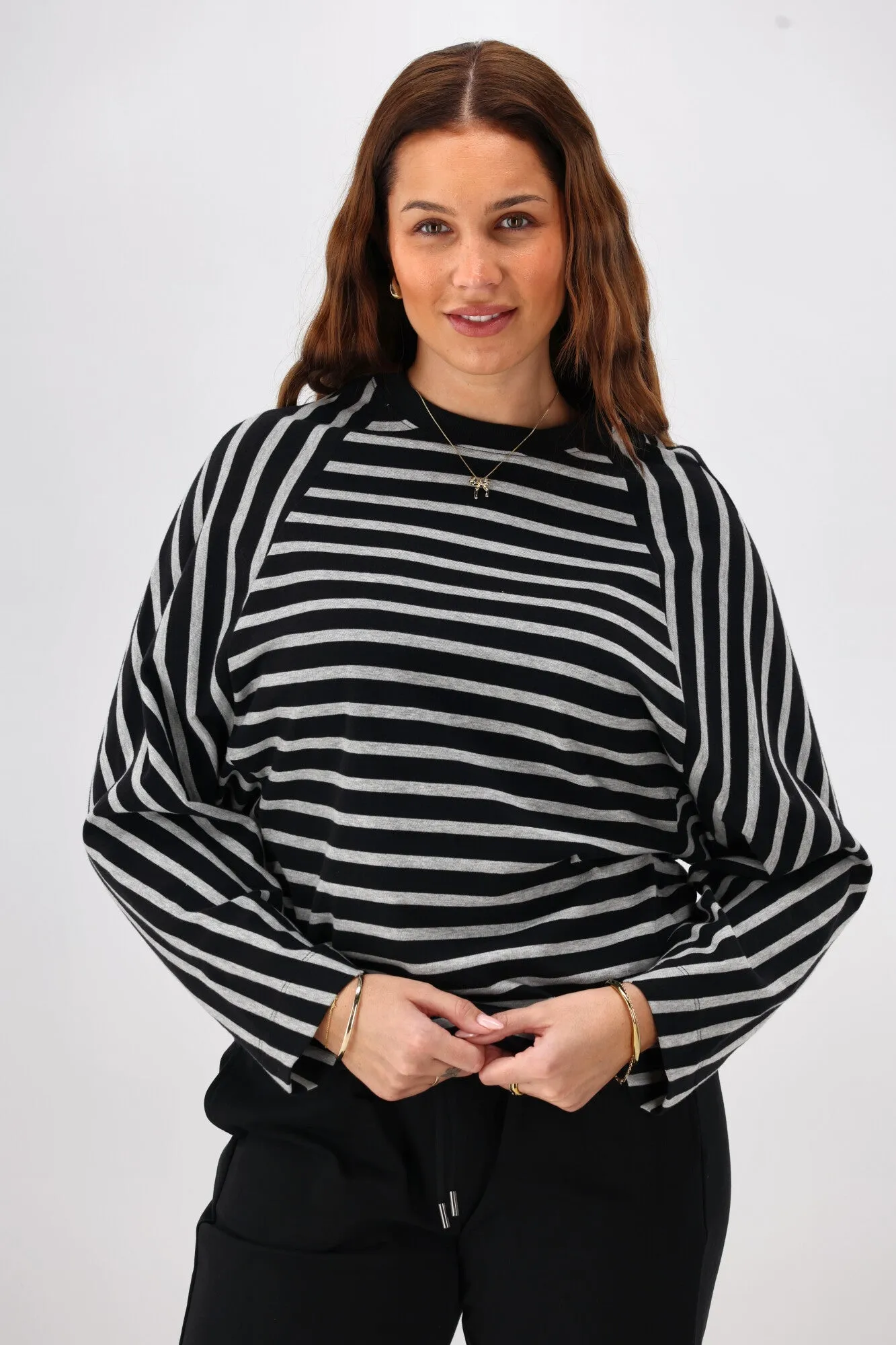 Shine On Label Tyra Stripe Raglan Top Black Grey OdorControl