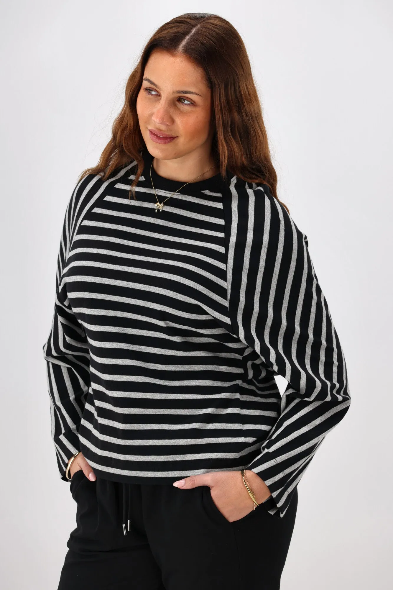 Reflective accents Shine On Label Tyra Stripe Raglan Top Black Grey
