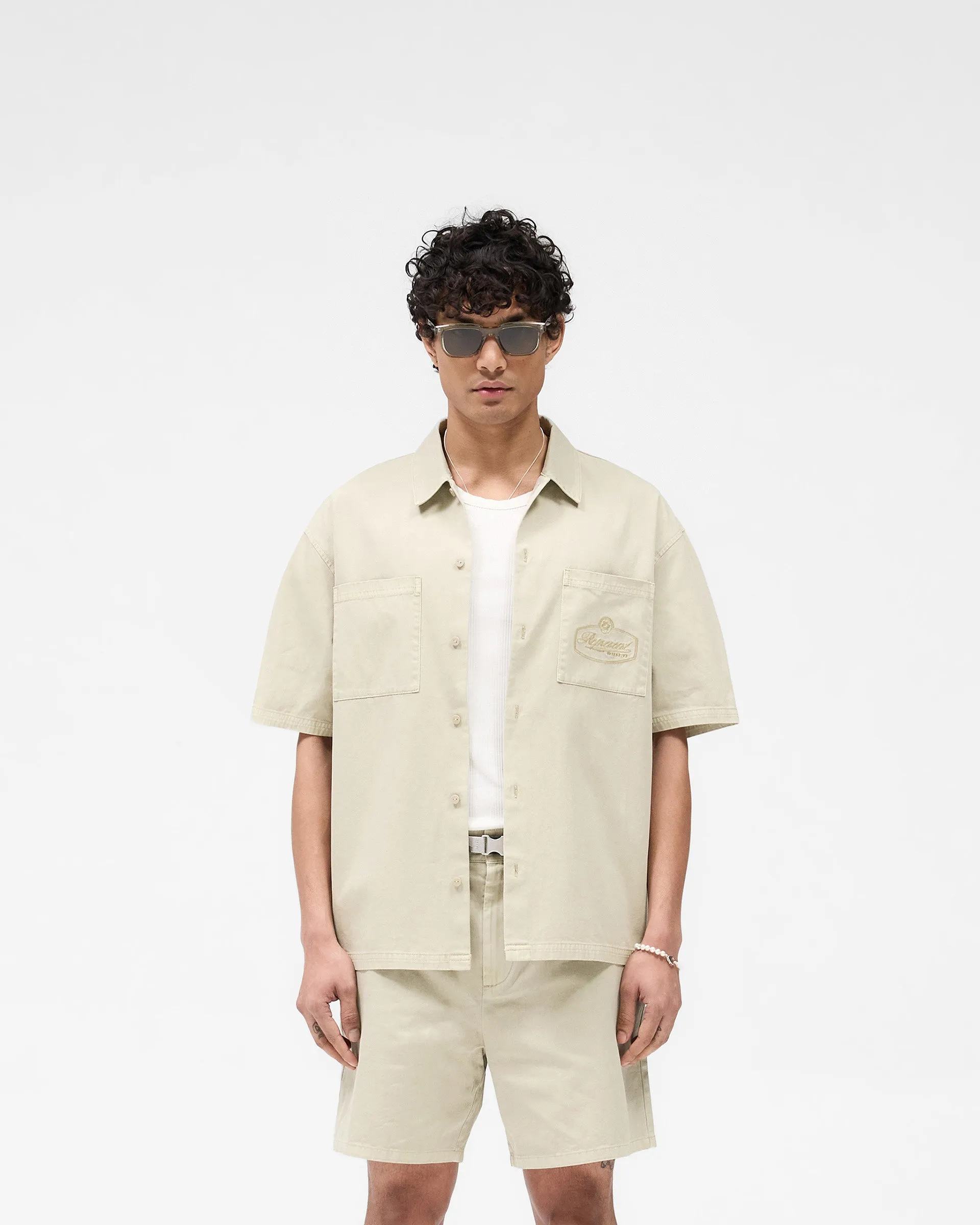 Breathable Underarm Vents Edgy style Short Sleeve Cotton Overshirt - Beige