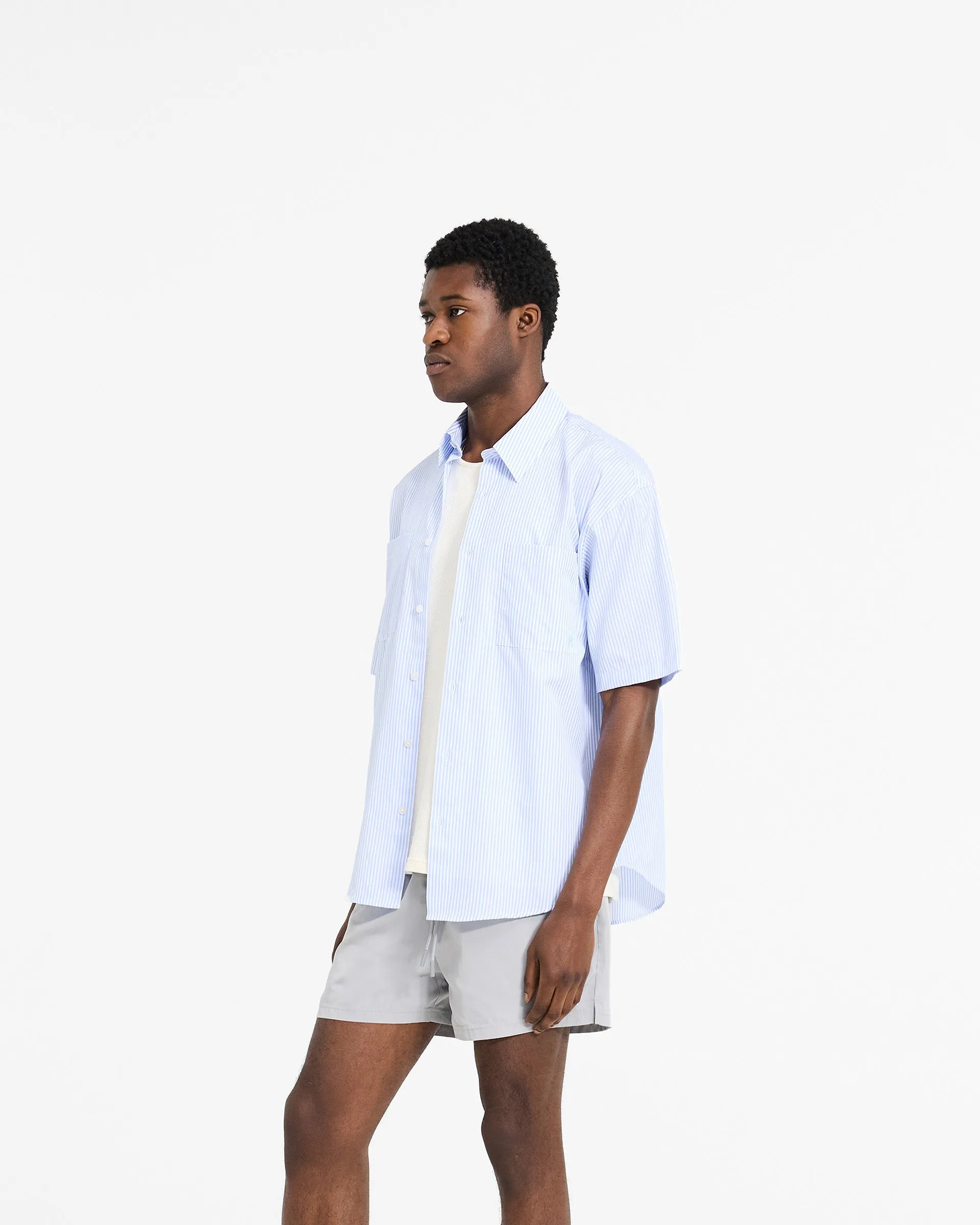 Short Sleeve Pinstripe Shirt - Baby Blue Neutral Tones Ribbed Trim