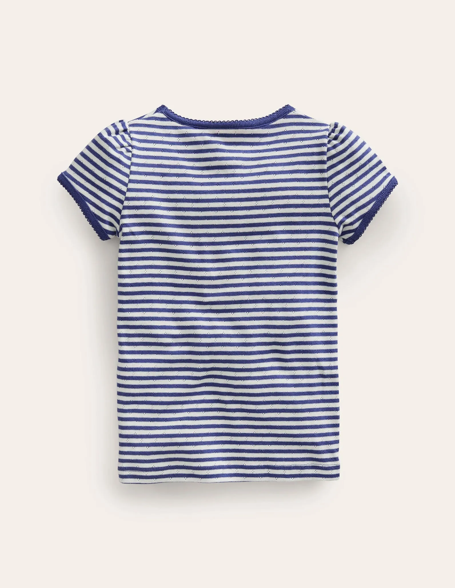 Bonded Seam Technique Short Sleeve Pointelle Top-Soft Ivory/Starboard Blue
