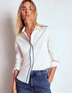 Sienna Interest Cotton Shirt-White, Multi Trim Coastal Vibes Trendy Design