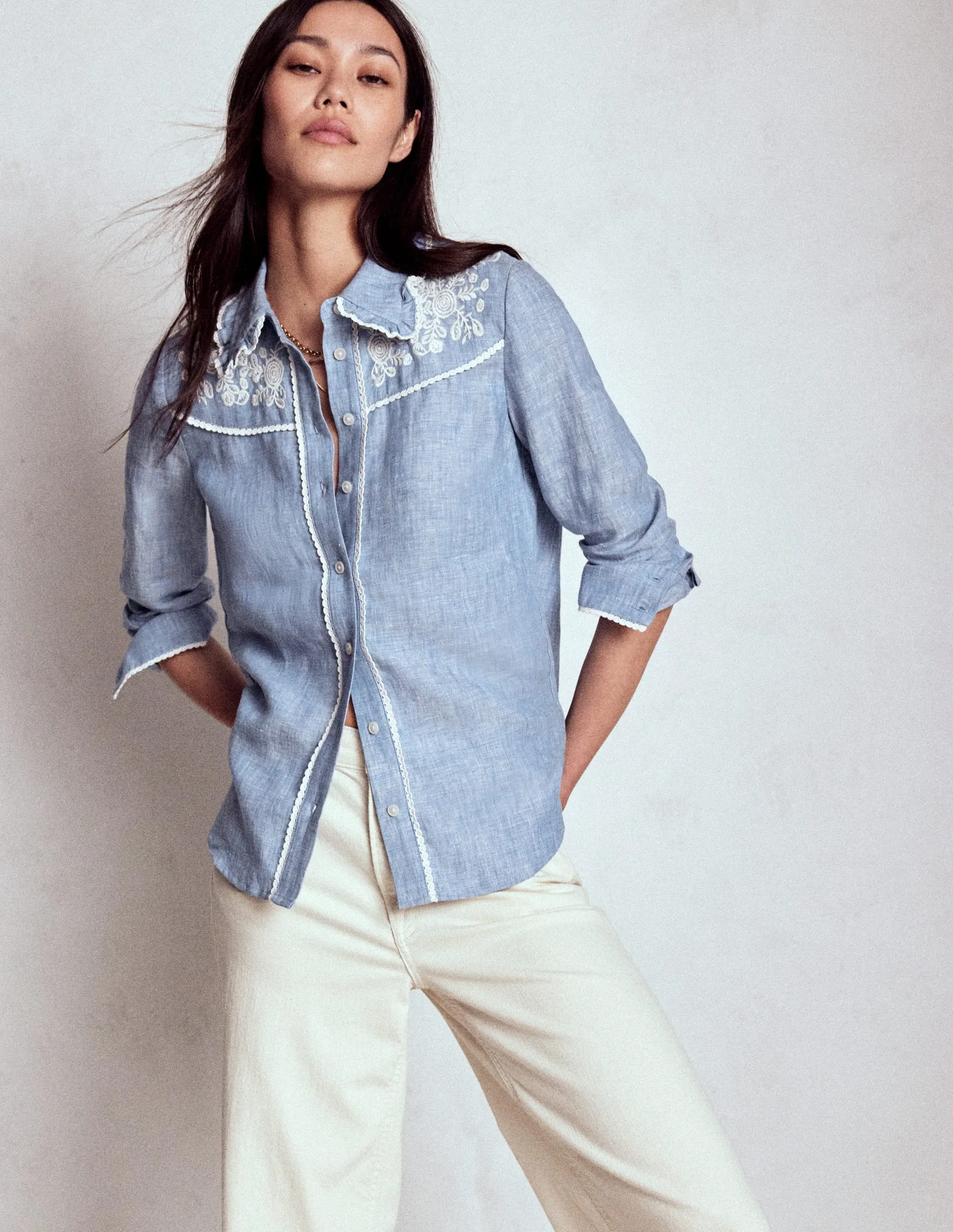 Sienna Western Shirt-Chambray Embellished Neckline