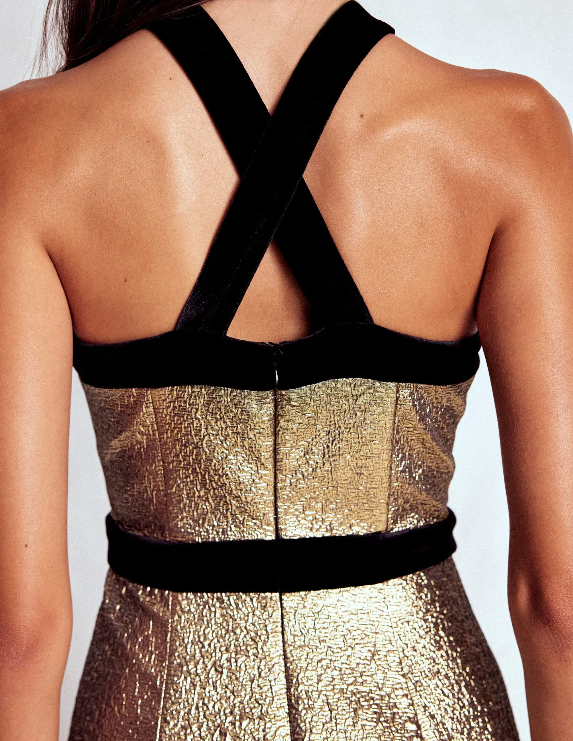 Halter Fit & Flare Gold Dress-Gold Bell-Sleeve