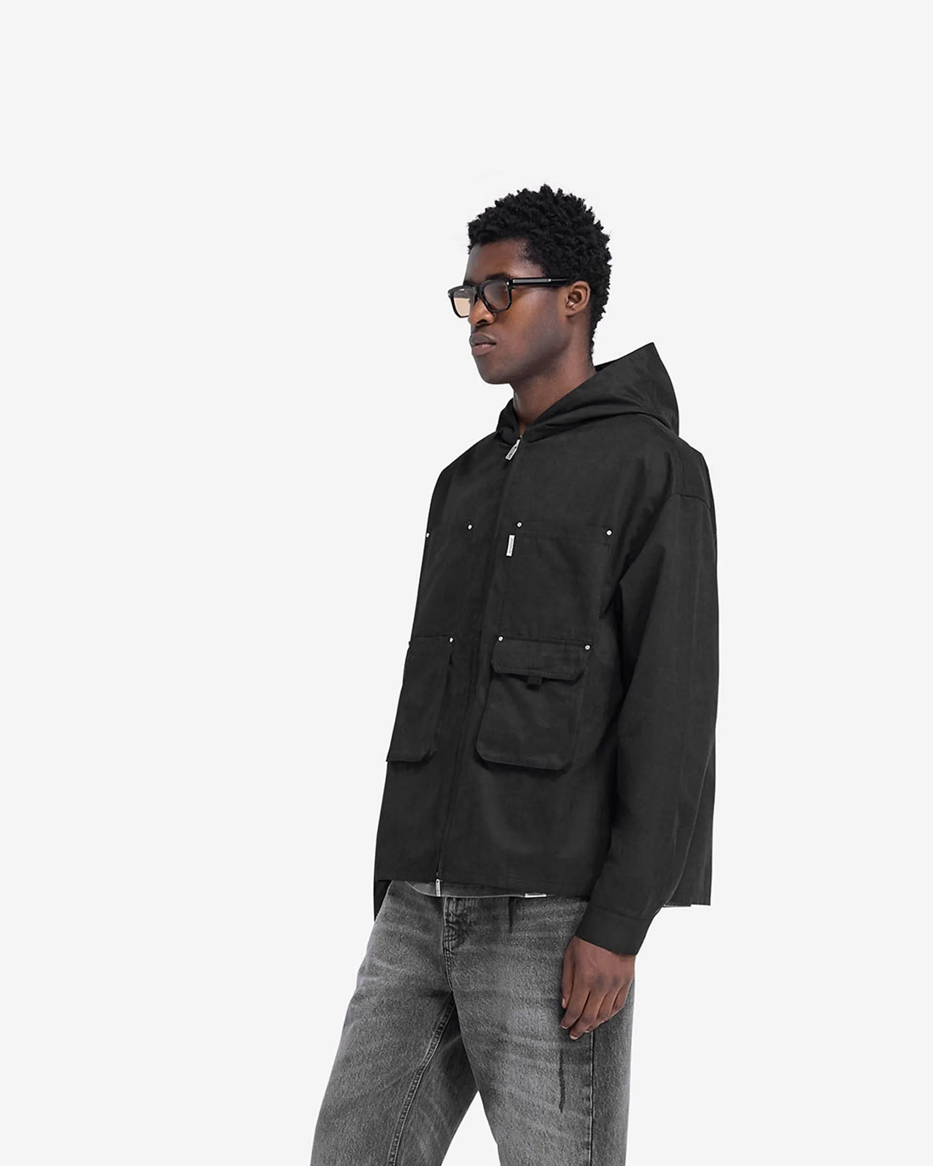 Ribbed Trim Utility Hooded Shirt - Jet Black