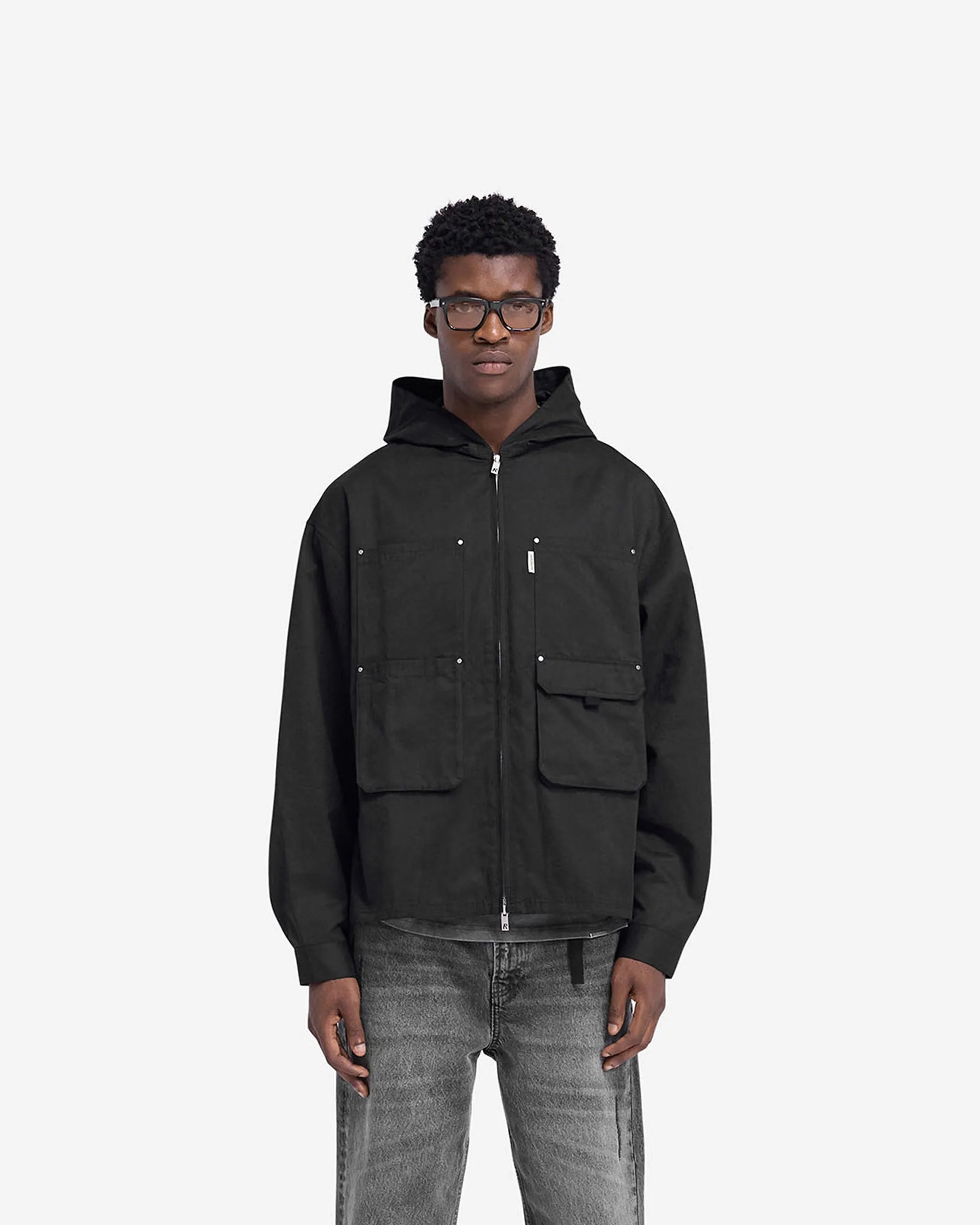 Utility Hooded Shirt - Jet Black Round Collar