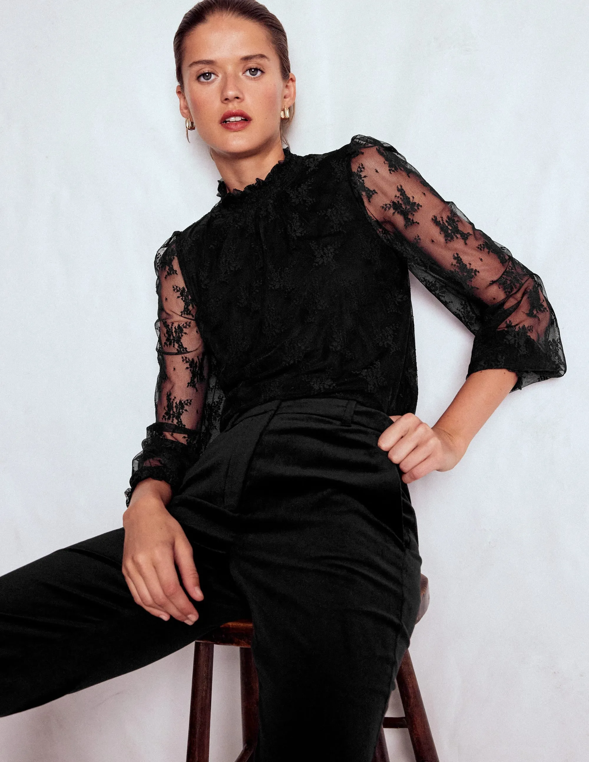 Smock Neck Tulle Top-Black Stylish Waist Comfy Essentials Wear