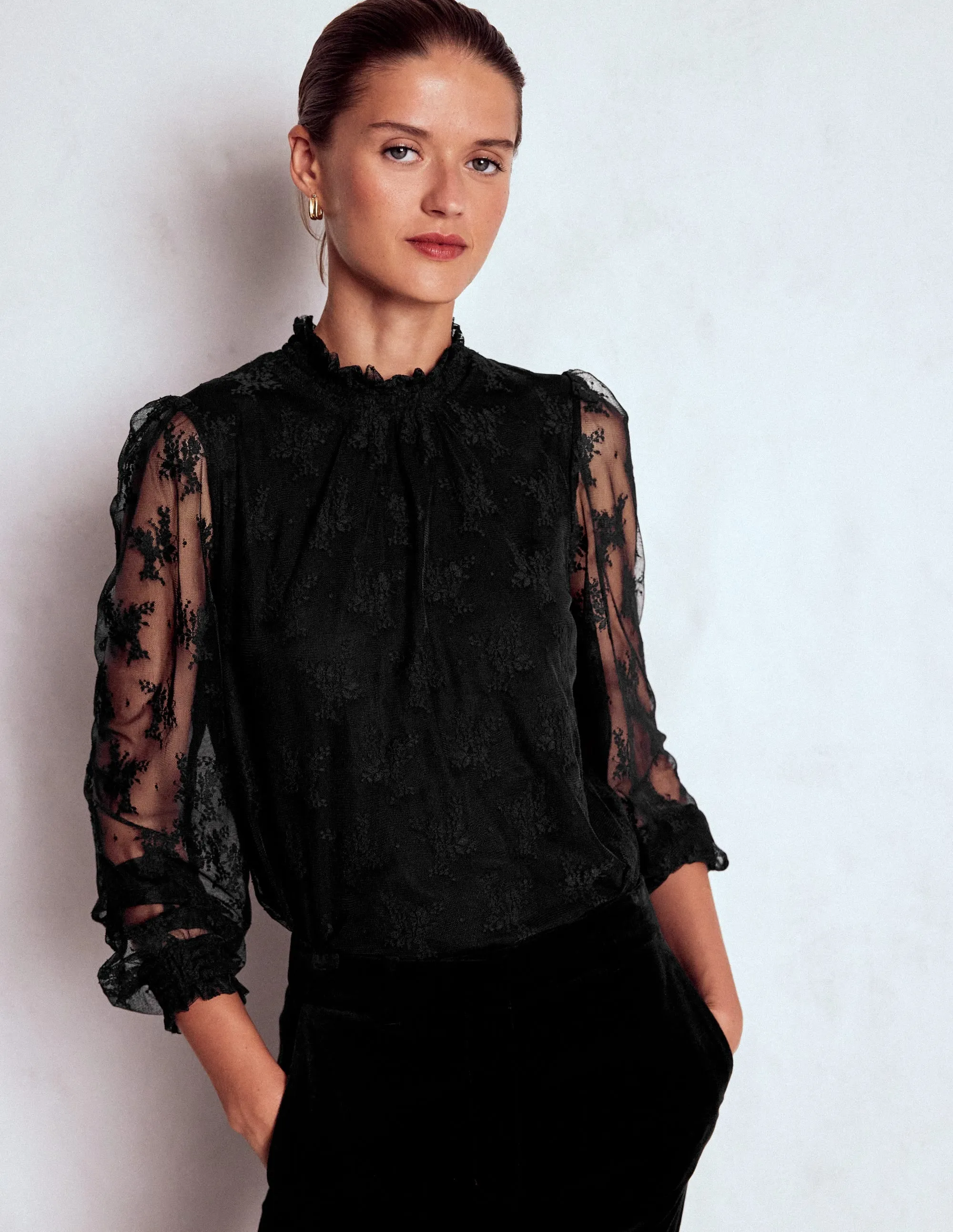 Smock Neck Tulle Top-Black Stylish Waist Lightweight Fabric