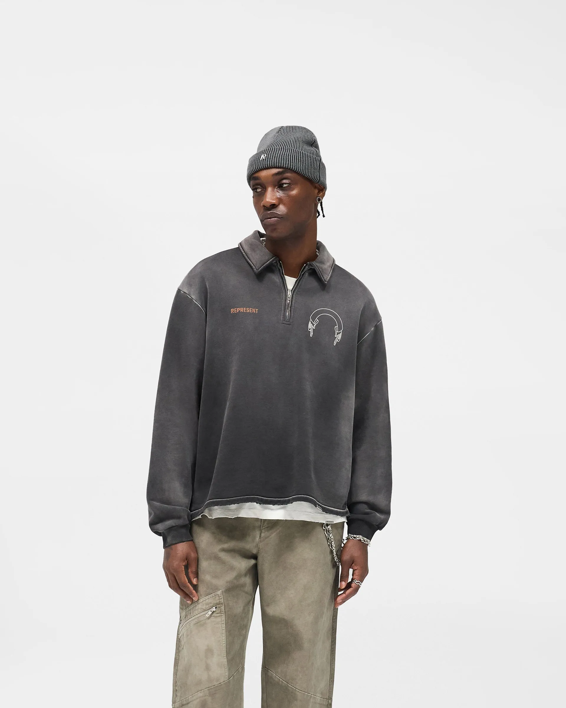 appropriate for sunny days Contrast Stitching Represent Banner Quarter Zip Sweatshirt - Stained Black