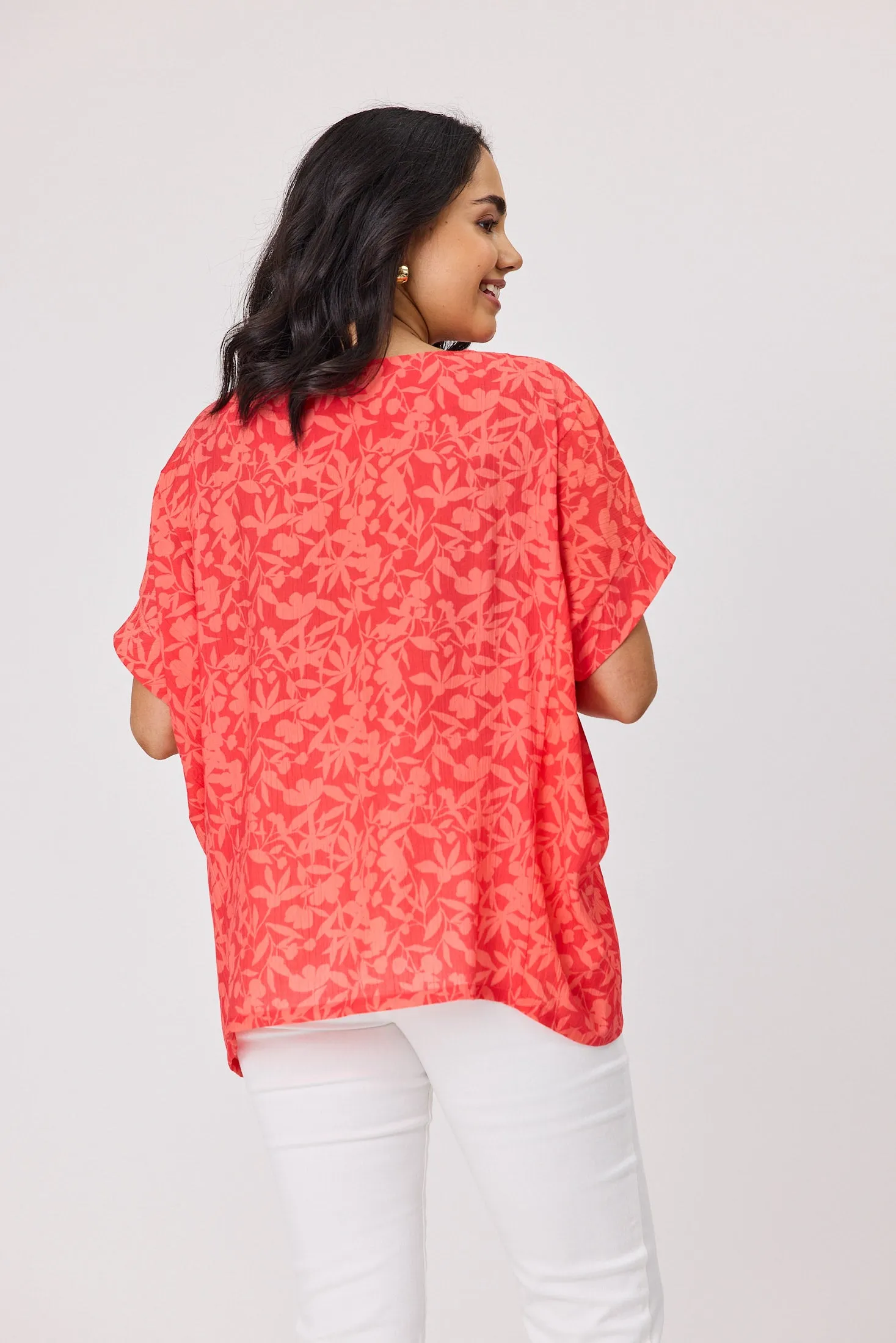 Shine On Label Teresa Top Coral Print BreathableFabric Contoured Side Panels