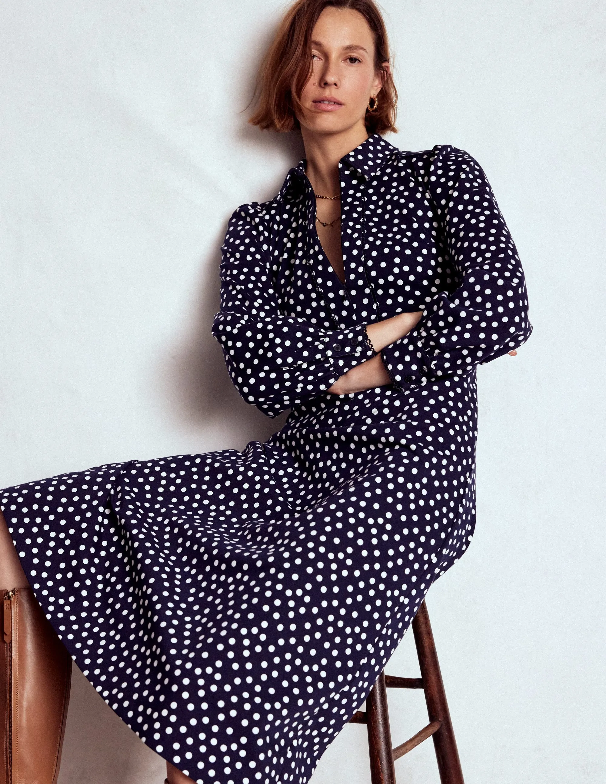 Flexible Cut Pip Zip-Up Ponte Midi Dress-French Navy, Painted Dot