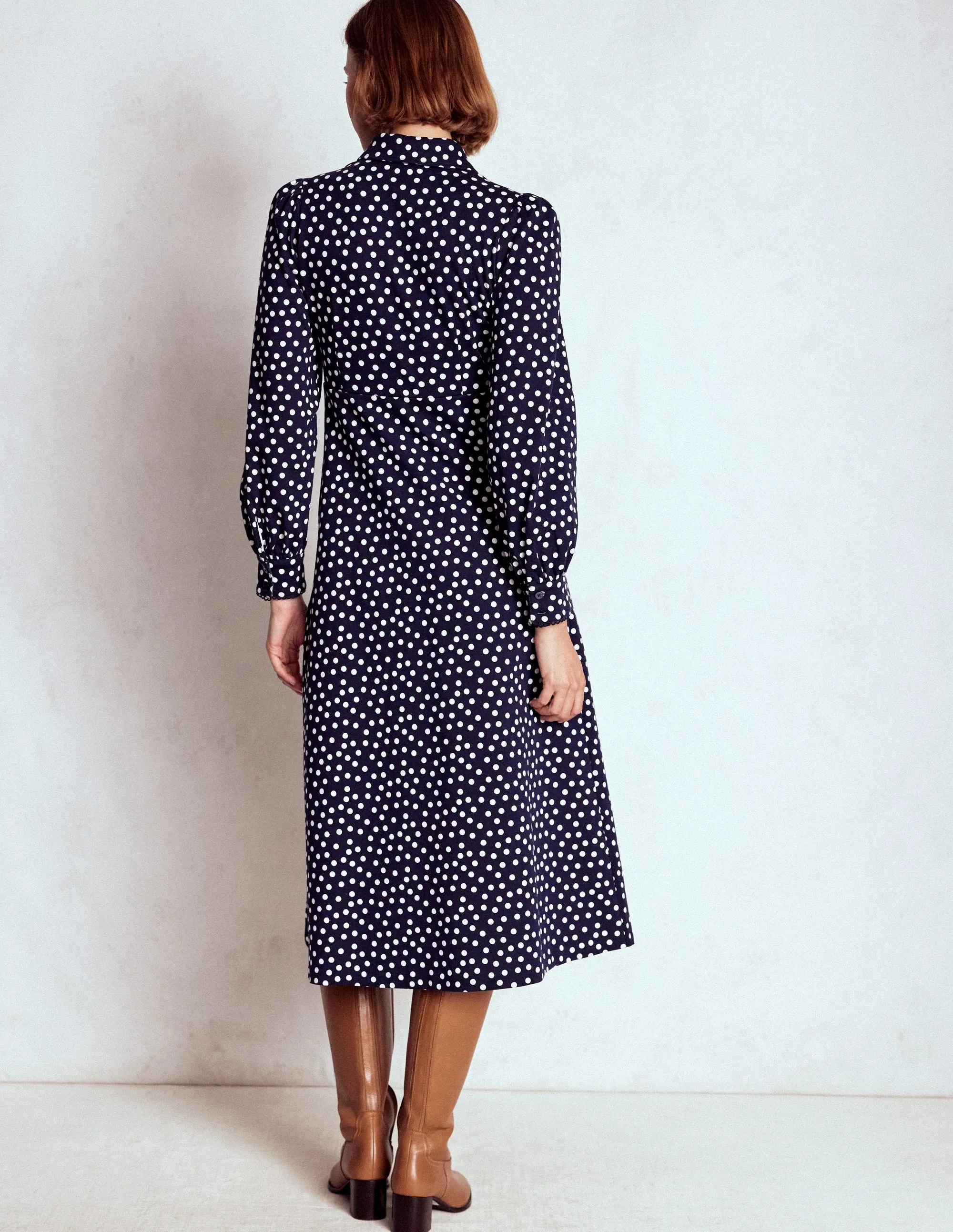 Pip Zip-Up Ponte Midi Dress-French Navy, Painted Dot Fitted Shape Silky Touch