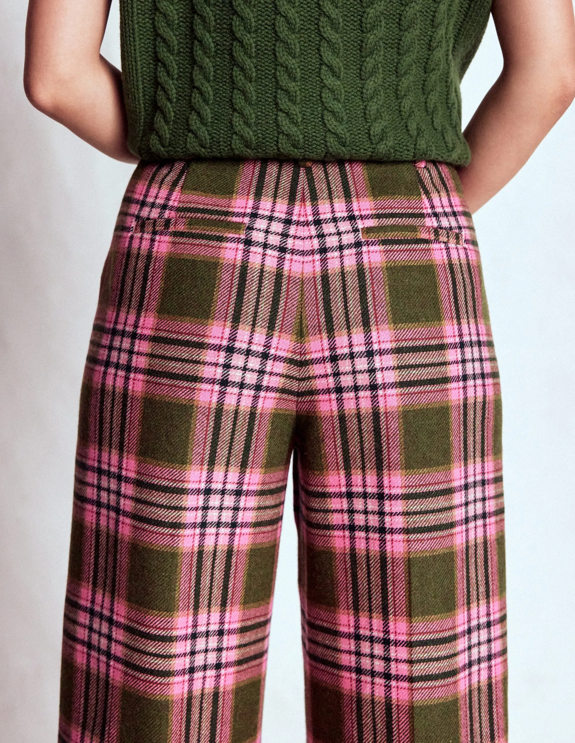 Belgravia Wool Trousers-Olive, Green and Pink Check SecureCargoPockets