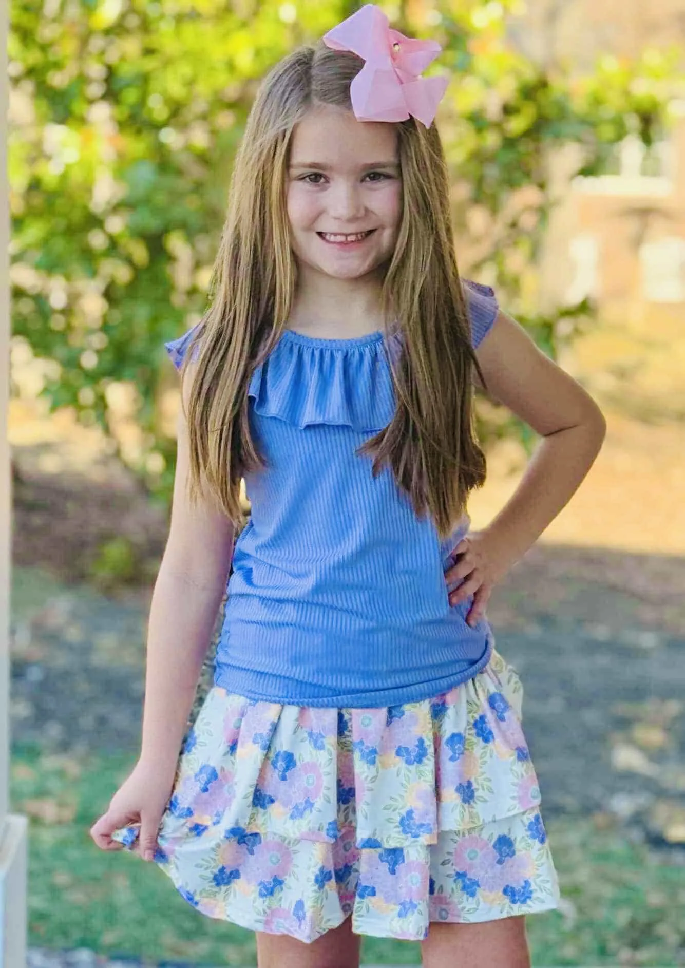 Comfort Fit Smart Vibe Periwinkle Ruffle Neck Tank & Floral Ruffle Skirt Set