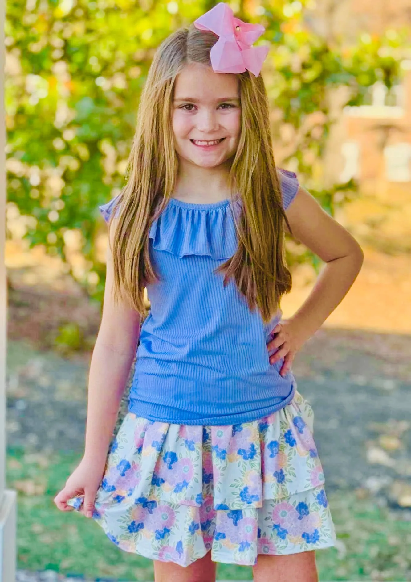 Periwinkle Ruffle Neck Tank & Floral Ruffle Skirt Set Aura Glow