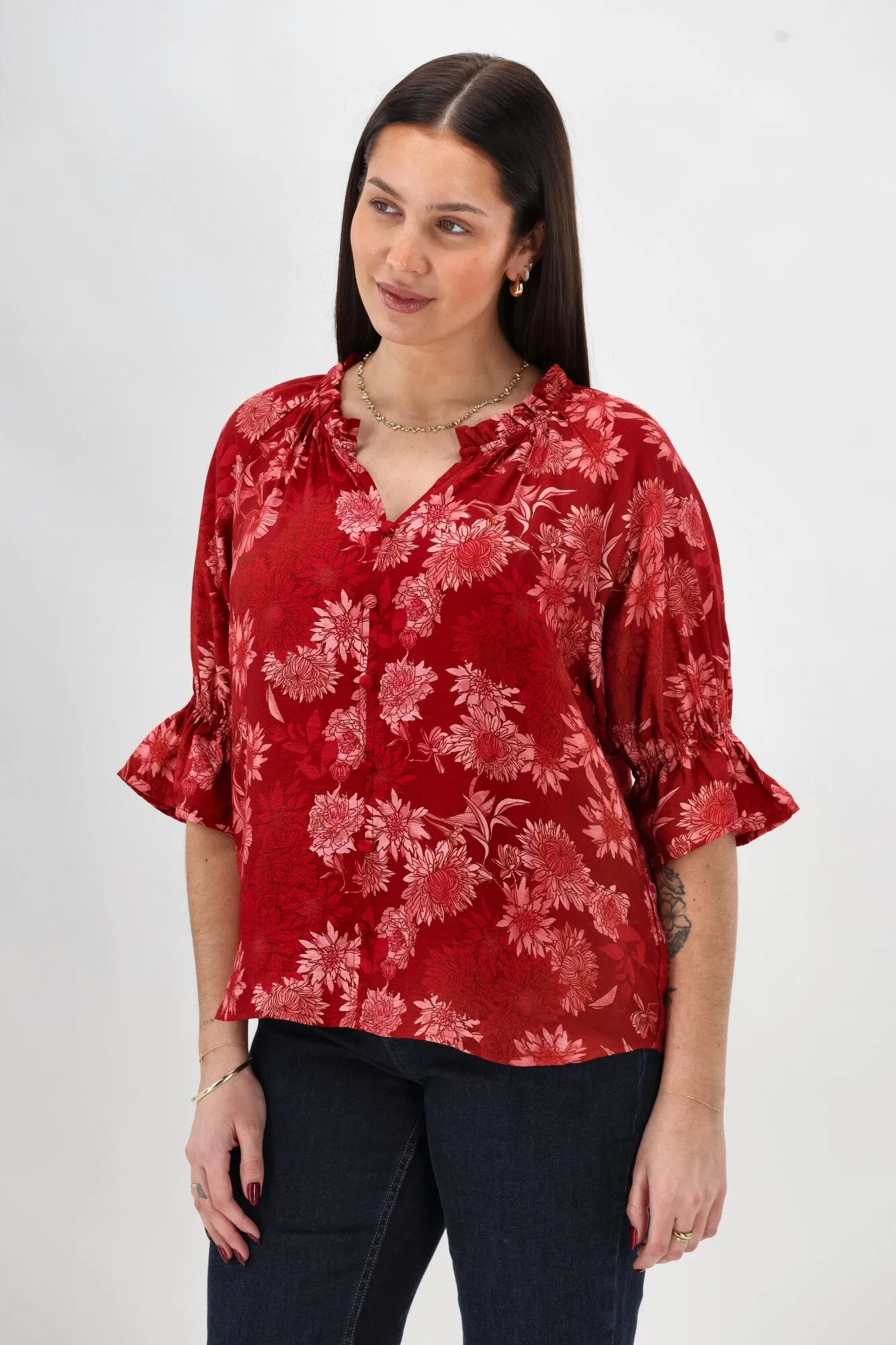 Gloss The Label Sophia Ruffle Neck Blouse Rust Floral HeatRegulating Mesh Panel Details