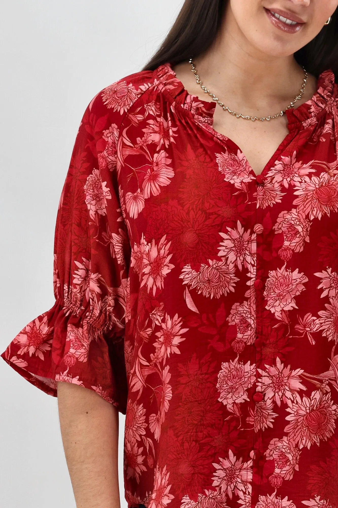 Gloss The Label Sophia Ruffle Neck Blouse Rust Floral AntiStaticTreatment