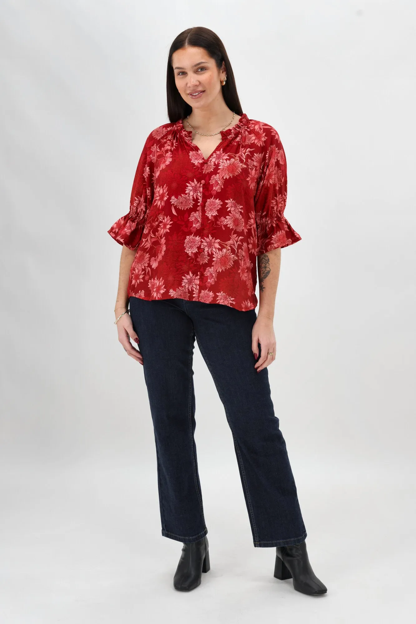 Gloss The Label Sophia Ruffle Neck Blouse Rust Floral ContrastTipping Microfiber Material