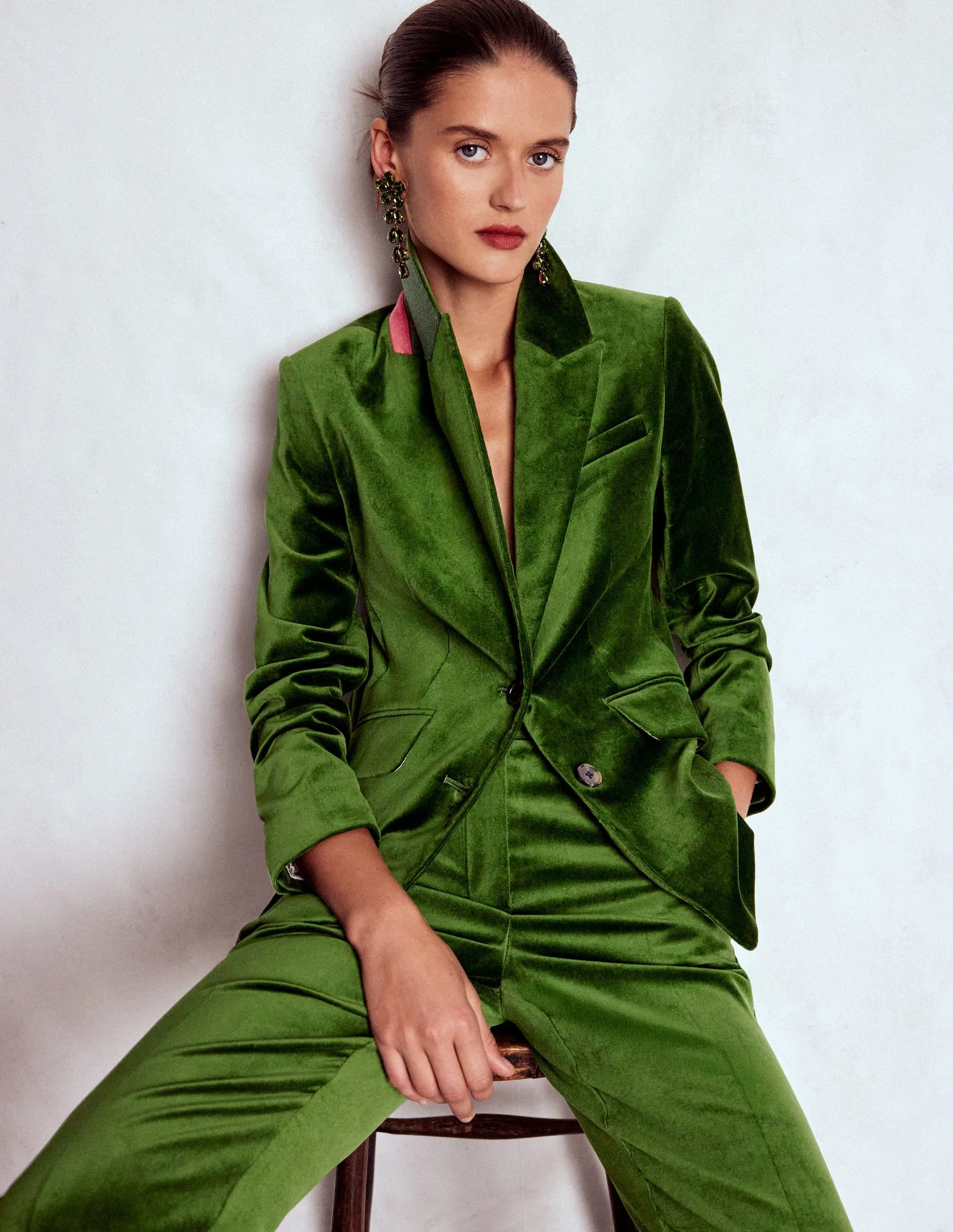 color block Easy Layering Stamford Velvet Blazer-Green Fir