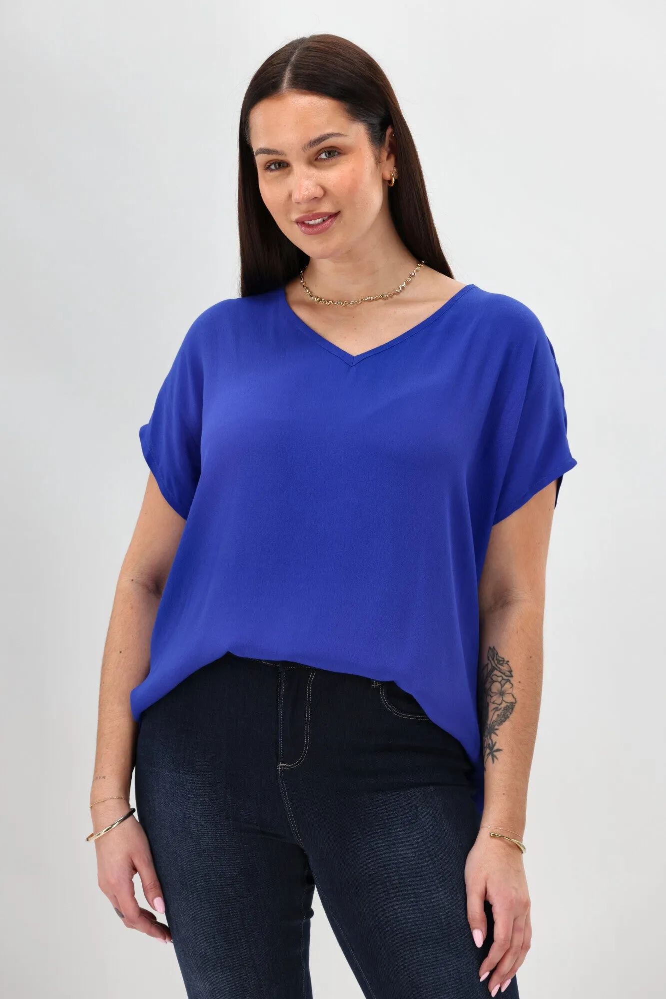 Breathable Ventilation Flatlock Seam Design Shine On Label Summer Essential Drape V Neck Top Blue